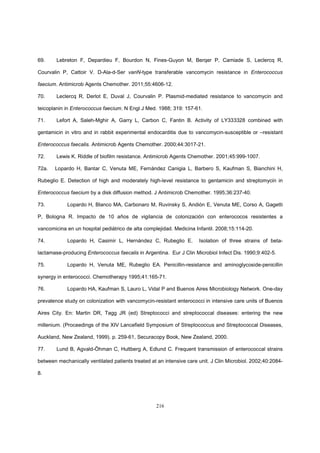 216
69. Lebreton F, Depardieu F, Bourdon N, Fines-Guyon M, Berqer P, Camiade S, Leclercq R,
Courvalin P, Cattoir V. D-Ala-d-Ser vanN-type transferable vancomycin resistance in Enterococcus
faecium. Antimicrob Agents Chemother. 2011;55:4606-12.
70. Leclercq R, Derlot E, Duval J, Courvalin P. Plasmid-mediated resistance to vancomycin and
teicoplanin in Enterococcus faecium. N Engl J Med. 1988; 319: 157-61.
71. Lefort A, Saleh-Mghir A, Garry L, Carbon C, Fantin B. Activity of LY333328 combined with
gentamicin in vitro and in rabbit experimental endocarditis due to vancomycin-susceptible or –resistant
Enterococcus faecalis. Antimicrob Agents Chemother. 2000;44:3017-21.
72. Lewis K. Riddle of biofilm resistance. Antimicrob Agents Chemother. 2001;45:999-1007.
72a. Lopardo H, Bantar C, Venuta ME, Fernández Canigia L, Barbero S, Kaufman S, Bianchini H,
Rubeglio E. Detection of high and moderately high-level resistance to gentamicin and streptomycin in
Enterococcus faecium by a disk diffusion method. J Antimicrob Chemother. 1995;36:237-40.
73. Lopardo H, Blanco MA, Carbonaro M, Ruvinsky S, Andión E, Venuta ME, Corso A, Gagetti
P, Bologna R. Impacto de 10 años de vigilancia de colonización con enterococos resistentes a
vancomicina en un hospital pediátrico de alta complejidad. Medicina Infantil. 2008;15:114-20.
74. Lopardo H, Casimir L, Hernández C, Rubeglio E. Isolation of three strains of beta-
lactamase-producing Enterococcus faecalis in Argentina. Eur J Clin Microbiol Infect Dis. 1990;9:402-5.
75. Lopardo H, Venuta ME, Rubeglio EA. Penicillin-resistance and aminoglycoside-penicillin
synergy in enterococci. Chemotherapy 1995;41:165-71.
76. Lopardo HA, Kaufman S, Lauro L, Vidal P and Buenos Aires Microbiology Network. One-day
prevalence study on colonization with vancomycin-resistant enterococci in intensive care units of Buenos
Aires City. En: Martin DR, Tagg JR (ed) Streptococci and streptococcal diseases: entering the new
millenium. (Proceedings of the XIV Lancefield Symposium of Streptococcus and Streptococcal Diseases,
Auckland, New Zealand, 1999). p. 259-61, Securacopy Book, New Zealand, 2000.
77. Lund B, Agvald-Öhman C, Hultberg A, Edlund C. Frequent transmission of enterococcal strains
between mechanically ventilated patients treated at an intensive care unit. J Clin Microbiol. 2002;40:2084-
8.
 