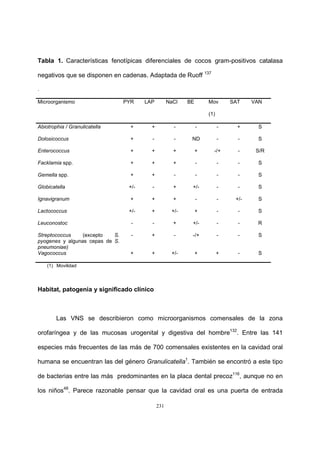 231
Tabla 1. Características fenotípicas diferenciales de cocos gram-positivos catalasa
negativos que se disponen en cadenas. Adaptada de Ruoff 137
.
Microorganismo PYR LAP NaCl BE Mov
(1)
SAT VAN
Abiotrophia / Granulicatella + + - - - + S
Dolosicoccus + - - ND - - S
Enterococcus + + + + -/+ - S/R
Facklamia spp. + + + - - - S
Gemella spp. + + - - - - S
Globicatella +/- - + +/- - - S
Ignavigranum + + + - - +/- S
Lactococcus +/- + +/- + - - S
Leuconostoc - - + +/- - - R
Streptococcus (excepto S.
pyogenes y algunas cepas de S.
pneumoniae)
- + - -/+ - - S
Vagococcus + + +/- + + - S
(1) Movilidad
Habitat, patogenia y significado clínico
Las VNS se describieron como microorganismos comensales de la zona
orofaríngea y de las mucosas urogenital y digestiva del hombre132
. Entre las 141
especies más frecuentes de las más de 700 comensales existentes en la cavidad oral
humana se encuentran las del género Granulicatella1
. También se encontró a este tipo
de bacterias entre las más predominantes en la placa dental precoz116
, aunque no en
los niños48
. Parece razonable pensar que la cavidad oral es una puerta de entrada
 