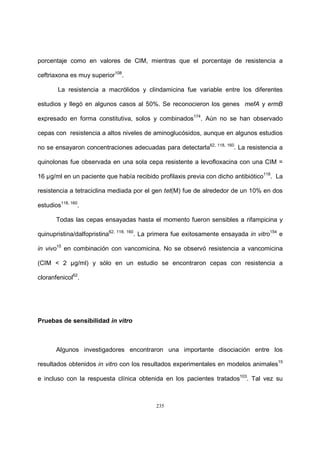 235
porcentaje como en valores de CIM, mientras que el porcentaje de resistencia a
ceftriaxona es muy superior108
.
La resistencia a macrólidos y clindamicina fue variable entre los diferentes
estudios y llegó en algunos casos al 50%. Se reconocieron los genes mefA y ermB
expresado en forma constitutiva, solos y combinados174
. Aún no se han observado
cepas con resistencia a altos niveles de aminoglucósidos, aunque en algunos estudios
no se ensayaron concentraciones adecuadas para detectarla62, 118, 160
. La resistencia a
quinolonas fue observada en una sola cepa resistente a levofloxacina con una CIM =
16 µg/ml en un paciente que había recibido profilaxis previa con dicho antibiótico118
. La
resistencia a tetraciclina mediada por el gen tet(M) fue de alrededor de un 10% en dos
estudios118, 160
.
Todas las cepas ensayadas hasta el momento fueron sensibles a rifampicina y
quinupristina/dalfopristina62, 118, 160
. La primera fue exitosamente ensayada in vitro154
e
in vivo15
en combinación con vancomicina. No se observó resistencia a vancomicina
(CIM < 2 µg/ml) y sólo en un estudio se encontraron cepas con resistencia a
cloranfenicol62
.
Pruebas de sensibilidad in vitro
Algunos investigadores encontraron una importante disociación entre los
resultados obtenidos in vitro con los resultados experimentales en modelos animales15
e incluso con la respuesta clínica obtenida en los pacientes tratados103
. Tal vez su
 