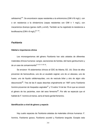 242
cefotaxima)147
. Se encontraron cepas resistentes a la eritromicina (CIM ≥16 mg/L) con
o sin resistencia a la clindamicina (cepas resistentes con CIM ≥ 1 mg/L), con
mecanismos diversos (genes mefA y ermA). También se ha registrado la resistencia a
levofloxacina (CIM ≥ 8 mg/L)70, 147
.
Facklamia
Hábitat e importancia clínica
Los microorganismos del género Facklamia han sido aislados de diferentes
materiales clínicos humanos: sangre, secreciones de heridas, del tracto genitourinario y
de un caso de corioamnionitis37, 40, 41, 69, 93
.
Se enviaron 18 aislamientos clínicos al CDC de Atlanta, EE. UU. Doce de ellos
provenían de hemocultivos, uno de un exudado vaginal, uno de un absceso, uno de
hueso, uno de líquido cefalorraquídeo, uno de vesícula biliar y otro de algún sitio
desconocido90
. Tres de las 6 cepas descritas originalmente en 1997 como Facklamia
hominis provenían de hisopados vaginales37
y 13 sobre 14 de las 18 en que se conoció
el género de los pacientes, eran del sexo femenino90
. Por ello se especula que el
habitat de F. hominis al menos, sería el tracto genital femenino.
Identificación a nivel de género y especie
Hay cuatro especies de Facklamia aisladas de materiales clínicos humanos: F.
hominis, Facklamia ignava, Facklamia sourekii y Facklamia languida. Excepto esta
 