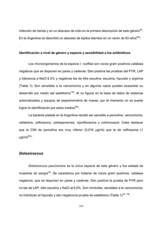244
infección de herida y en un absceso de oído en la primera descripción de este género42
.
En la Argentina se describió un absceso de tejidos blandos en un varón de 83 años50a
.
.
Identificación a nivel de género y especie y sensibilidad a los antibióticos
Los microorganismos de la especie I. ruoffiae son cocos gram positivos catalasa
negativos que se disponen en pares y cadenas. Dan positiva las pruebas del PYR, LAP
y tolerancia a NaCl 6,5% y negativas las de bilis esculina, esculina, hipurato y arginina
(Tabla 1). Son sensibles a la vancomicina y en algunos casos pueden exacerbar su
desarrollo por medio del satelitismo136
. Al no figurar en la base de datos de sistemas
automatizados y equipos de espectrometría de masas, por el momento no se puede
lograr la identificación por estos medios50a
.
La bacteria aislada en la Argentina resultó ser sensible a penicilina, vancomicina,
cefalotina, ceftriaxona, carbapenemes, ciprofloxacina y cotrimoxazol. Cabe destacar
que la CIM de penicilina era muy inferior (0,016 µg/ml) que la de ceftriaxona (1
µg/ml)50a
.
Dolosicoccus
Dolosicoccus paucivorans es la única especie de este género y fue aislada de
muestras de sangre44
. Se caracteriza por tratarse de cocos gram positivos, catalasa
negativos, que se disponen en pares y cadenas. Dan positiva la prueba de PYR pero
no las de LAP, bilis esculina y NaCl al 6,5%. Son inmóviles, sensibles a la vancomicina,
no hidrolizan el hipurato y dan negativa la prueba de satelitismo (Tabla 1)44, 136
.
 