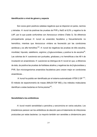 257
Identificación a nivel de género y especie
Son cocos gram positivos catalasa negativos que se disponen en pares, racimos
y tetradas. H. kunzii da positivas las pruebas de PYR y NaCl al 6,5% y negativa la de
LAP, por lo que puede confundirse con Aerococcus viridans (Tabla 3). Se diferencia
principalmente porque H. kunzii es anaerobio facultativo y frecuentemente no
hemolítico, mientras que Aerococcus viridans es favorecido por las condiciones
aeróbicas y es alfa hemolítico136
. H. kunzii da negativas las pruebas de bilis esculina,
movilidad, hipurato, satelitismo, arginina y β-glucuronidasa y positiva la de esculina35
.
Las colonias de H. sueciensis son puntuales, grisáceas y no hemolíticas a las 48 h de
incubación en anaerobiosis. H. sueciensis se distingue de H. kunzii en que, a diferencia
de ésta, da positiva las pruebas de fosfatasa alcalina y negativas las de β-glucosidasa y
PYR. Son microorganismos anaerobios facultativos pero crecen mejor en condiciones
anaeróbicas. .
H. kunzii ha podido ser identificado por el sistema automatizado VITEK 2 GP 101
.
El método de espectrometría de masas (MALDI-TOF MS) y los métodos moleculares
identifican a estas bacterias en forma precisa167
.
Sensibilidad a los antibióticos
H. kunzii mostró sensibilidad a penicilina y vancomicina en varios estudios. Los
β-lactámicos parecen ser los antibióticos de elección para el tratamiento de infecciones
producidas por estas bacterias. La mayoría también son sensibles a clindamicina pero
 