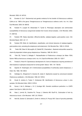 267
Microbiol. 2005; 43: 5470-6.
55. Ennahar S, Cai Y. Biochemical and genetic evidence for the transfer of Enterococcus solitarius
Collins et al. 1989 to the genus Tetragenococcus as Tetragenococcus solitarius comb. nov. Int J Syst
Evol Microbiol. 2005; 55: 589-92.
56. Facklam R, Lovgren M, Shewmaker P, Tyrrell G. Phenotypic description and antimicrobial
susceptibilities of Aerococcus sanguinicola isolates from human clinical samples. J Clin Microbiol. 2003;
41: 2587-92.
57. Facklam RR. Newly described, difficult-to-identify, catalase-negative, gram-positive cocci. Clin
Microbiol Newsl. 2001; 23: 1-7.
58. Facklam RR, Elliott JA. Identification, classification, and clinical relevance of catalase-negative,
gram-positive cocci, excluding the streptococci and enterococci. Clin Microbiol Rev. 1995; 8: 479-95.
59. Feder HM, Olsen N, McLaughlin JC, Barlett RC, Chameides L. Bacterial endocarditis caused by
vitamin B6-dependent viridans group streptococcus. Pediatrics. 1980; 66: 309-12.
60. Felis GE, Torriani S, Dellaglio F. Reclassification of Pediococcus urinaequi (ex Mees 1934)
Garvie 1988 as Aerococcus urinaequi comb. nov. Int J Syst Evol Microbiol. 2005; 55: 1325-7.
61. Frenkel A, Hirsch W. Spontaneous development of L forms of streptococci requiring secretions of
other bacteria or sulphydryl compounds for normal growth. Nature. 1961; 191: 728-30.
62. Gephart JF, Washington JA II. Antimicrobial susceptibilities of nutritionally variant streptococci. J
Infect Dis. 1982; 146: 536-9.
63. Golledge CL, Stingemore N, Aravena M, Joske K. Septicemia caused by vancomycin-resistant
Pediococcus acidilactici. J Clin Microbiol. 1990; 28: 1678-9.
64. Grude N, Jenkins A, Tveten Y, Kristiansen BE. Identification of Aerococcus urinae in urine
samples. Clin Microbiol Infect. 2003; 9: 976-9.
65. Guney I, Isik A, Altintepe L, Er C, Kurdoglu MG. Gemella morbillorum peritonitis in a CAPD
patient. Perit Dial Int. 2009; 29: 674-5
66. Haas J, Jernick SL, Scardina RJ, Teruya J, Caliendo AM, Ruoff KL. Colonization of skin by
Helcococcus kunzii. J Clin Microbiol. 1997; 35: 2759-61.
67. Hall GS, Gordon S, Schroeder S, Smith K, Anthony K, Procop GW. Case of synovitis potentially
 