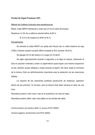 280
Prueba de Voges Proskauer (VP)
Método de Coblentz (indicado para estreptococos)
Medio: caldo MRVP distribuido a razón de 2,5 ml en tubos de ensayo.
Reactivos: A: 5% de α-naftol en alcohol etílico al 95 %.
B: 0,3 % de creatina en KOH al 40 %.
Procedimiento
Se siembra el caldo MRVP con gotas del inóculo (de un caldo tripteína de soja
(TSB) o infusión cerebro corazón (BHI) incubado a 35°
C durante 18-24 h).
Se agrega 0,6 ml del reactivo A y luego 0,2 ml del B.
Se agita vigorosamente durante 5 segundos y se deja en reposo, colocando el
tubo en posición inclinada y sobre un papel blanco (para lograr una máxima exposición
al aire, también puede aflojarse y hasta sacarse el tapón). No tocar hasta el momento
de la lectura. Esto es definitivamente importante para la detección de las reacciones
débiles.
La mayoría de las reacciones positivas (producción de acetoína), aparecen
dentro de los primeros 15 minutos, pero la lectura final debe hacerse al cabo de una
hora.
Resultado positivo: color rosa o rojo en la superficie o en todo el caldo.
Resultado positivo débil: color rosa pálido en los bordes del caldo.
Control positivo y/o positivo débil: S. aureus ATCC 25923
Control negativo: Escherichia coli ATCC 25922
 
