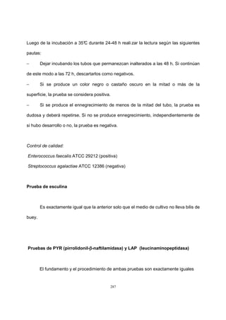 287
Luego de la incubación a 35°C durante 24-48 h reali zar la lectura según las siguientes
pautas:
− Dejar incubando los tubos que permanezcan inalterados a las 48 h. Si continúan
de este modo a las 72 h, descartarlos como negativos.
− Si se produce un color negro o castaño oscuro en la mitad o más de la
superficie, la prueba se considera positiva.
− Si se produce el ennegrecimiento de menos de la mitad del tubo, la prueba es
dudosa y deberá repetirse. Si no se produce ennegrecimiento, independientemente de
si hubo desarrollo o no, la prueba es negativa.
Control de calidad:
Enterococcus faecalis ATCC 29212 (positiva)
Streptococcus agalactiae ATCC 12386 (negativa)
Prueba de esculina
Es exactamente igual que la anterior solo que el medio de cultivo no lleva bilis de
buey.
Pruebas de PYR (pirrolidonil-ββββ-naftilamidasa) y LAP (leucinaminopeptidasa)
El fundamento y el procedimiento de ambas pruebas son exactamente iguales
 