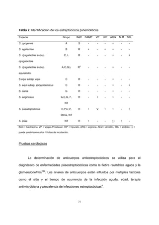 31
Tabla 2. Identificación de los estreptococos β-hemolíticos
Especie Grupo BAC CAMP VP HIP ARG ALM SBL
S. pyogenes A S - - - + - -
S. agalactiae B R + - + + - -
S. dysgalactiae subsp.
dysgalactiae
C, L R - - - + - +
S. dysgalactiae subsp.
equisimilis
A,C,G,L R
s
- - - + - -
S.equi subsp. equi C R - - - + - -
S. equi subsp. zooepidemicus C R - - - + - +
S. canis G R - - - + - -
S. anginosus A,C,G, F,
NT
R - + - + - -
S. pseudoporcinus E,P,U,V,
Otros, NT
R + V + + - +
S. iniae NT R + - - (-) + -
BAC = bacitracina, VP = Voges-Proskauer, HIP = hipurato, ARG = arginina, ALM = almidón, SBL = sorbitol, (-) =
puede positivizarse a los 10 días de incubación.
Pruebas serológicas
La determinación de anticuerpos antiestreptocócicos se utiliza para el
diagnóstico de enfermedades posestreptocócicas como la fiebre reumática aguda y la
glomerulonefritis194
. Los niveles de anticuerpos están influidos por múltiples factores
como el sitio y el tiempo de ocurrencia de la infección aguda, edad, terapia
antimicrobiana y prevalencia de infecciones estreptocócicas4
.
 