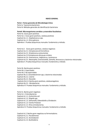 4
INDICE GENERAL
Parte I. Temas generales de Microbiología Cínica
Parte Ia. Taxonomía bacteriana
Parte Ib. Métodos generales de identificación bacteriana
ParteII. Microorganismos aerobios y anaerobios facultativos
Parte IIa. Cocos gram positivos
Parte IIa.1. Cocos gram positivos, catalasa positivos
Capítulo IIa.1.1. Staphylococcus spp.
Capítulo IIa.1.2. Otros géneros
Apéndice I. Pruebas bioquímicas manuales: fundamento y método.
Parte IIa.2. Cocos gram positivos, catalasa negativos
Capítulo IIa.2.1. Estreptococos β-hemolíticos
Capítulo IIa.2.2. Streptococcus pneumoniae
Capítulo IIa.2.3 Estreptococos del grupo viridans
Capítulo IIa.2.4. Enterococcus, Vagococcus, Lactococcus
Capítulo IIa.2.5. Abiotrophia, Granulicatella, Gemella, Aerococcus y bacterias relacionadas
Apéndice II. Pruebas bioquímicas manuales: fundamento y método.
Parte IIb. Bacilos gram positivos
Parte IIb.1. Esporulados
Parte IIb.2. No esporulados
Capítulo IIb.2.1 Corynebacterium spp. y bacterias relacionadas
Capítulo IIb.2.2. Listeria
Capítulo IIb.2.3. Nocardia
Capítulo IIb.2.4. Bacilos gram positivos, catalasanegativos
Capítulo IIb.2.5. Micobacterias
Apéndice III. Pruebas bioquímicas manuales: fundamento y método.
Parte IIc. Bacilos gram negativos
Parte IIc.1. Enterobacterias
Capítulo IIc.1.1. Escherichia coli
Capítulo IIc.1.2. Shigella spp.
Capítulo IIc.1.3. Salmonella, Edwardsiella y Citrobacter.
Capítulo IIc.1.3. Familia Proteeae
Capítulo IIc.1.5. Otras entrobacterias.
Apéndice IV. Pruebas bioquímicas manuales: fundamento y método.
Capítulo IIc.2. Bacilos gram negativos no fermentadores
Capítulo IIc.2.1. Pseudomonas
Capítulo IIc.2.2. Acinetobacter
Capítulo IIc.2.3. Burkholderia
 