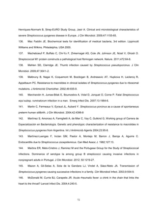 72
Henriques-Normark B, Strep-EURO Study Group, Jasir A. Clinical and microbiological characteristics of
severe Streptococcus pyogenes disease in Europe. J Clin Microbiol. 2009;47:1155-65.
136. Mac Faddin JE. Biochemical tests for identification of medical bacteria, 3rd edition. Lippincott
Williams and Wilkins. Philadelphia, USA 2000.
137. Macheboeuf P, Buffalo C, Chi-Yu F, Zinkernagel AS, Cole JN, Johnson JE, Nizet V, Ghosh O.
Streptococcal M1 protein constructs a pathological host fibrinogen network. Nature. 2011;472:64-8.
138. Mahlen SD, Clarridge JE. Thumb infection caused by Streptococcus pseudoporcinus. J Clin
Microbiol. 2009;47:3041–2.
139. Malbruny B, Nagai K, Coquemont M, Bozdogan B, Andrasevic AT, Hupkova H, Leclercq R,
Appelbaum PC. Resistance to macrolides in clinical isolates of Streptococcus pyogenes due to ribosomal
mutations. J Antimicrob Chemother. 2002;49:935-9.
140. Marchandin H, Jumas-Bilak E, Boumzebra A, Vidal D, Jonquet O, Corne P. Fatal Streptococcus
equi subsp. ruminatorum infection in a man. Emerg Infect Dis. 2007;13:1964-6.
141. Martin C, Fermeaux V, Eyraud JL, Aubard Y. Streptococcus porcinus as a cause of spontaneous
preterm human stillbirth. J Clin Microbiol. 2004;42:4396-8
142. Martínez S, Amoroso A, Famiglietti A, de Mier C, Vay C, Gutkind G, Working group of Carrera de
Especialización en Bacteriología. Genetic and phenotypic characterization of resistance to macrolides in
Streptococcus pyogenes from Argentina. Int J Antimicrob Agents 2004;23:95-8.
143. Martínez-Luengas F, Inclan GM, Pastor A, Montejo M, Barron J, Baroja A, Aguirre C.
Endocarditis due to Streptrococcus zooepidemicus. Can Med Assoc J. 1982;127:13.
144. Martins ER, Melo-Cristino J, Ramirez M and the Portugese Group for the Study of Streptococcal
infections. Dominance of serotype Ia among group B streptococci causing invasive infections in
nonpregnant adults in Portugal. J Clin Microbiol. 2012; 50:1219-27.
145. Mazon A, Gil-Setas A, Sota de la Gandara LJ, Vindel A, Sáez-Nieto JA. Transmission of
Streptococcus pyogenes causing successive infections in a family. Clin Microbiol Infect. 2003;9:554-9.
146. McDonald M, Currie BJ, Carapetis JR. Acute rheumatic fever: a chink in the chain that links the
heart to the throat? Lancet Infect Dis. 2004;4:240-5.
 