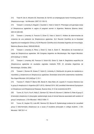 79
213. Tiwari R, Qin A, Artiushin SC, Boschwitz JS. Se18.9, an antiphagocytic factor H binding protein of
Streptococcus equi. Vet Microbiol. 2007;121:105-15.
214. Toresani I, Limansky A, Bogado I, Guardati C, Viale A, Sutich E. Phenotypic and genotypic study
of Streptococcus agalactiae in vagina of pregnant women in Argentina. Medicina (Buenos Aires).
2001;61;295-300.
215. Toresani I, Limansky A, Francois S, Ebner G, Viale A, Sutich E. Análisis de determinantes de
virulencia de una población de Streptococcus agalactiae. XLV Reunión Científica de la Sociedad
Argentina de Investigación Clínica y XLVIII Reunión Científica de la Sociedad Argentina de Inmunología.
Medicina (Buenos Aires). 2000;60:839-40.
216. Toresani I, Limansky A, Pérez J, Ebner G, Viale A, Sutich E . Marcadores de invasividad en
cepas de Streptococcus agalactiae. XIII Congreso Argentino de Microbiología. Rev Argent Microbiol.
2010;42(Supl 1):159-60.
217. Toresani I, Limansky AS, Francois S, Sutich EG, Ebner G, Viale A. Diagnóstico específico de
Streptococcus agalactiae en exudados vaginales mediante PCR. IX Jornadas Argentinas de
Microbiología, Córdoba, 2002.
218. Toresani I, Romero M, Grasso P, Sutich E, Limansky A. Distribución de genes de resistencia a
macrólidos y clindamicina en Streptococcus agalactaie. Diversidad clonal entre aislamientos resistentes.
Rev Argent Microbiol. 2012;44(Supl 1):10-1 .
219. Traverso F, Villalón P, Blanco MA, Beratz N, Sáez Nieto JA, Lopardo H. Invasive infections due
to group A streptococci in Argentina (2011-2012). Abstract 0314. XIX Lancefield International Symposium
on Streptococci and Streptococcal Diseases, Buenos Aires, 9-12 de noviembre de 2014.
220. Turner JC, Fox A, Fox K, Addy C, Garrison CZ, Herron B, Brunson C, Betcher G. Role of group C
β-hemolytic streptococci in pharyngitis: epidemiologic study of clinical features associated with isolation of
group C streptococci. J Clin Microbiol. 1993;31:808–11.
221. Turner JC, Hayden FG, Lobo MC, Ramirez CE, Murren D. Epidemiologic evidence for Lancefield
group C beta-hemolytic streptococci as a cause of exudative pharyngitis in college students. J Clin
Microbiol. 1997;35:1–4.
 