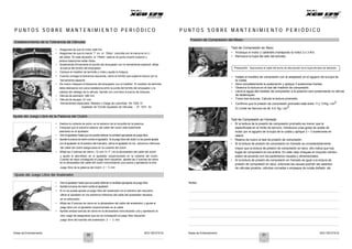 Notas de Entrenamiento XCD 125 DTS-Si Notas de Entrenamiento XCD 125 DTS-Si
17
P U N T O S S O B R E M A N T E N I M I E N T O P E R I Ó D I C O P U N T O S S O B R E M A N T E N I M I E N T O P E R I Ó D I C O
Establecimiento de la Tolerancia de Válvulas
• Asegúrese de que el motor esté frío.
• Asegúrese de que la marca ‘T’ en el ‘Rotor’ coincida con la marca en el LI
del cárter. En esta situación, el ‘Pistón’ está en el punto muerto superior y
ambos balancines están libres.
• Sosteniendo firmemente el tornillo del empujador con la herramienta especial, afloje
la tuerca del tornillo del empujador.
• Coloque el medidor de laminilla y mida y ajuste la holgura.
• Cuando consiga la tolerancia requerida, cierre el tornillo que sujeta la tuerca con la
herramienta especial.
• De nuevo chequee la tolerancia del empujador con el medidor. El medidor de laminilla
debe deslizarse con poca resistencia entre la punta del tornillo del empujador y la
cabeza del vástago de la válvula. Apriete con una llave la tuerca de chequeo.
• Válvula de admisión: 0.05 mm
• Válvula de escape: 0.1 mm
Herramientas especiales: Medidor o Galga de Laminillas- 69 7502 51
: Sujetador de Tornillo Ajustador de Válvulas - 37 1031 53
Presión de Compresión del Motor
Test de Compresión en Seco
• Arranque el motor y caliéntelo manejando la motor 2 o 3 Km.
• Remueva la bujía del lado del exhosto.
Precaución: Desconecte el cable del borne de alta tensión de la bujía del lado de admisión.
• Instale el medidor de compresión con el adaptador en el agujero de la bujía de
la culata.
• Abra completamente la aceleración y aplique 3 acelerones fuertes.
• Observe la lectura en el dial del medidor de compresión.
• Lleve la aguja del medidor de compresión a la posición cero presionando la válvula
de desbloqueo.
• Tome tres lecturas. Calcule la lectura promedio.
• Confirme que la presión de compresión promedio está entre 11 y 13 Kg / cm
2
El Límite de Servicio es de 9.5 Kg / cm
2
Ajuste del Juego Libre de la Palanca del Clutch
• Deslice la cubierta de polvo en el extremo de la horquilla de la palanca.
• Chequee que el extremo exterior del cable del clutch esté totalmente
asentado en el ajustador.
• Gire el ajustador hasta que se pueda obtener la cantidad apropiada de juego libre.
• Apriete la tuerca de cierre contra el ajustador. Si el juego libre del clutch no se puede ajustar
con el ajustador en el extremo del manubrio, utilice el ajustador en los extremos inferiores
del cable del clutch asegurados en la cubierta del clutch. .
• Afloje las 2 tuercas de cierre ( 12 mm A / F ) en la abrazadera del cable del clutch
y ajuste el atornillado en el ajustador proporcionado en la cubierta del clutch.
Cuando se haya conseguido el juego libre requerido, apriete las 2 tuercas de cierre
en la abrazadera del cable del clutch inmovilizando una tuerca y apretando la otra.
Juego libre de la palanca del clutch: 2 ~ 3 mm
Test de Compresión en Húmedo
• Si la lectura de la presión de compresión promedio es menor que la
especificada en el límite de servicio, introduzca unas gotas de aceite de
motor por el agujero de la bujía de la culata y aplique 2 ~ 3 acelerones en
ralenti.
• Realice de nuevo el test de presión de compresión.
• Si la lectura de presión de compresión en húmedo es considerablemente
mayor que la lectura de presión de compresión en seco, ello indica que hay
fugas de compresión en los anillos. En este caso chequee el conjunto cilindro
pistón de acuerdo con los parámetros visuales y dimensionales.
• Si la lectura de presión de compresión en húmedo es igual a la lectura de
presión de compresión en seco, entonces las causas podrían ser asientos
de válvulas picados, válvulas curvadas o empaque de culata dañado, etc.
Ajuste del Juego Libre del Acelerador
• Gire el ajustador hasta que se pueda obtener la cantidad apropiada de juego libre.
• Apriete la tuerca de cierre contra el ajustador.
• Si no se puede ajustar el juego libre del acelerador en el extremo del manubrio,
utilice el ajustador en los extremos inferiores del cable del acelerador situados
en el carburador.
• Afloje las 2 tuercas de cierre en la abrazadera del cable del acelerador y ajuste el
juego libre con el ajustador proporcionado en el cable.
• Apriete ambas tuercas de cierre en la abrazadera inmovilizando una y apretando la
otra, luego de asegurarse que se ha conseguido el juego libre requerido.
Juego libre del manillar del acelerador: 2 ~ 3 mm
Notas:
30 31
 