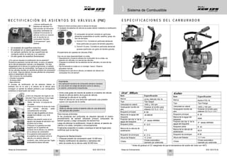 Notas de Entrenamiento XCD 125 DTS-Si Notas de Entrenamiento XCD 125 DTS-Si
18
3
3
3 Sistema de Combustible
R E C T I F I C A C I Ó N D E A S I E N T O S D E V Á L V U L A (PNE) E S P E C I F I C A C I O N E S D E L C A R B U R A D O R
• Un acabado de superficie extra fino
¿Qué es rectificación de
asientos de válvulas? En
este proceso se remueven
pequeñas cantidades de
material friccionando la
válvula contra su asiento
con la ayuda de un
compuesto llamado
“Cremaesmeril” para
obtener:
• Repita el mismo proceso para la válvula de escape.
• El acabado de asientos de válvula se puede retener mediante la rectificación
( o lapeado ).
El compuesto de esmeril consiste en partículas
abrasivas suspendidas en aceite, parafina, grasa, etc.
Son de dos tipos.
a. Esmeril Fino: Consiste en partículas abrasivas
finas (partículas con grano de tamaño pequeño).
b. Esmeril Grueso: Consiste en partículas abrasivas
gruesas (partículas con grano de tamaño grande).
7806
JA
• El acabado en un plano geométrico exacto.
• Un sellado perfecto de las superficies de
contacto entre la válvula y su asiento.
• Un alto grado de exactitud dimensional.
¿Por qué se requiere la rectificación de los asientos?
Durante la operación normal del motor, la cara y el asiento
de la válvula adquieren marcas y se desgastan. Tal cara
desgastada de la válvula no puede proporcionar un sellado
suficiente al paso de combustible. Las fugas en los asientos
de las válvulas resultan en pérdida de presión de compresión
en el motor. Algunos efectos de esta pérdida de compresión
sobre el desempeño del motor:
• Alto consumo de combustible
• Exhosto humeante
• Arranque débil
• Baja potencia
El proceso de rectificación de los asientos retiene un
acabado fino en la cara y el asiento de la válvula para
conseguir un apriete de sellado perfecto y por consiguiente
restablece el desempeño del motor.
¿Cómo se chequean las fugas en las
válvulas? Para confirmar si hay fugas
en los asientos de las válvulas:
• Retire del motor el conjunto de
la culata.
• Posicione el árbol de levas de modo
que ambas válvulas estén
completamente cerradas.
• Llene con algo de gasolina uno de los
pasajes de la válvula, p. ej. el de
admisión. .
• Aplique una presión suave en el
agujero del pasaje de admisión con
la palma de la mano.
• Chequee si la gasolina se está
fugando por la superficie de
contacto de la válvula y su asiento
en la cámara de combustión.
• Si la gasolina está pasando por
la superficie de contacto entre la
válvula y su asiento (área de
contacto), esto indica que hay fugas
enlosasientos delas válvulas.
Procedimiento de Lapeado de Válvulas (PNE)
Una vez se haya desensamblado la culata:
• Descarbonice y limpie la cámara de combustión de la culata, los
asientos de válvulas y la cara de las válvulas.
• Chequee la condición de los asientos de las válvulas y la cara de las
válvulas.
• Fije firmemente la culata en un montaje / banco. Observe
pequeñas marcas.
• Embadurne la cara de la válvula y el asiento de válvula con
compuesto fino de esmeril.
Importante:
Una aplicación excesiva de compuesto abrasivo resultará
en una acción de rodaje del abrasivo entre la válvula y
su asiento, produciendo inexactitudes.
• Eche unas gotas de mezcla de aceite en el asiento de válvula.
• Ajuste la válvula dentro de la guía de válvula.
• Sostenga la válvula en la varilla.
• Rote la válvula en una dirección aplicando una presión
suave con ayuda de la varilla.
Importante:
Rote la válvula contra el asiento sólo en una dirección.
No aplique alta presión.
Para marcas profundas:
Si las picaduras son profundas se requiere ejecutar el mismo
procedimiento de esmeril utilizando primero compuesto de
esmeril grueso y luego compuesto de esmeril fino.
Luego de efectuar la rectificación, limpie la válvula, el asiento de
válvula y la culata, completa y minuciosamente.
Finalmente ensamble la culata y practique el test de fugas para
confirmar que no las hay.
Programa de Mantenimiento:
• Chequee presión de compresión cada 10.000 kms.
• Realice rectificación de asientos y reemplazo del
sello de aceite de la válvula cada 30.000 kms.
* Antes de graduar el CO asegúrese de que la temperatura del aceite del motor es= 600
C
32 33
Ucal - Mikuni
Ítem Especificación
Marca UCAL MIKUNI VM 16
Tipo Tipo Spigot
Velocidad en ralenti 1400 + 100 rpm
Graduación tornillo de
aire
Graduar el tornillo para
obtener CO % 2 + 0.5 *
Boquerel principal # 85
Marca de la aguja del
boquerel
J8-4BK26
Posición del clip ‘e’ de la
aguja del boquerel
2ª desde ARRIBA
Boquerel piloto # 12.5
Marca de la válvula de
aceleración 2.5
Boquerel de arranque # 17.5
Altura del flotador 11.3 mm
Choke
Choke automático
operado por solenoide
Keihin
Ítem Especificación
Marca Keihin PTE-16
Tipo Tipo Flange
Velocidad en ralenti 1400 + 100 rpm
Graduación tornillo de
aire
Graduar el tornillo para
obtener CO % 2 + 0.5 *
Boquerel principal # 90
Marca de la aguja del
boquerel NMK
Posición del clip ‘e’ de la
aguja del boquerel
3ª desde ARRIBA
Boquerel piloto # 42
Marca de la válvula de
aceleración
82 B
Boquerel de arranque # 38
Altura del flotador 11.7 mm
Choke
Choke automático
operado por solenoide
 