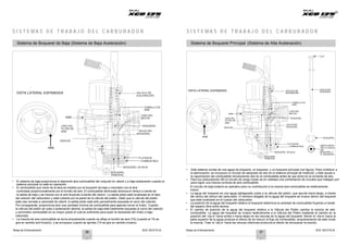 Notas de Entrenamiento XCD 125 DTS-Si Notas de Entrenamiento XCD 125 DTS-Si
20
S I S T E M A S D E T R A B A J O D E L C A R B U R A D O R S I S T E M A S D E T R A B A J O D E L C A R B U R A D O R
Sistema de Boquerel de Baja (Sistema de Baja Aceleración) Sistema de Boquerel Principal (Sistema de Alta Aceleración)
CLIP
VISTA LATERAL EXPANDIDA VÁLVULA DE
ACELERACIÓN
VISTA LATERAL EXPANDIDA VÁLVULA DE
ACELERACIÓN
AGUJA DEL
BOQUEREL
AIRE
LADO DEL
FILTRO DE
AIRE
VÉNTURI
TORNILLO DE
AIRE
LADO DEL
MOTOR
BOQUEREL
AGUJA DEL
BOQUEREL
AIRE
AIRE
LADO DEL
FILTRO DE
AIRE
VÉNTURI
TORNILLO DE
AIRE
LADO DEL
MOTOR
BOQUEREL
AGUJA DEL
BOQUEREL
BOQUEREL
AIRE
BOQUEREL DE BAJA
FLOTADOR
COMBUSTIBLE ABERTURAEN
TRE LA AGUJA
DEL
BOQUEREL Y
EL BOQUEREL
FLOTADOR
COMBUSTIBLE
BOQUEREL
PRINCIPAL
BOQUEREL
PRINCIPAL
BOQUEREL DE BAJA
• Este sistema consta de una aguja de boquerel, un boquerel, y un boquerel principal (ver figura). Para contribuir a
la atomización, se incorpora un circuito de sangrado de aire en el sistema principal de medición, y éste ayuda a
la vaporización del combustible introduciendo aire en el combustible antes de que entre en la corriente de aire.
• Para los carburadores VM el circuito de rango medio es en realidad una combinación de circuitos que trabajan juntos
para lograr una mezcla correcta de aire-combustible.
• El sistema de baja proporciona el elemento aire-combustible del conjunto en ralenti y a baja aceleración cuando el
sistema principal no está en operación.
• El combustible que viene de la taza es medido por el boquerel de baja y mezclado con el aire
controlado proporcionalmente por el tornillo de aire. El combustible atomizado alcanza el vénturi a través de
la salida de baja y se mezcla con el aire fluyendo a través del vénturi. La salida piloto está localizada en el lado
del colector del carburador y está cubierta por la pared de la válvula del pistón. Dado que la válvula del pistón
está casi cerrada a velocidad de ralenti, la salida piloto está sólo parcialmente expuesta al vacío del colector.
Por consiguiente, proporciona solo una cantidad mínima de combustible para apenas mover el motor. Cuando
la válvula del pistón se sube a aceleración abierta, la salida de baja está totalmente expuesta al vacío del colector
y suministra combustible en su mayor grado el cual es suficiente para suplir la necesidad del motor a baja
velocidad.
• La mezcla de aire-combustible se torna empobrecida cuando se afloja el tornillo de aire (TA) (cuando el TA se
gira en sentido anti-horario), y se enriquece cuando se aprieta (TA se gira en sentido horario).
El circuito de baja todavía es operativo pero su contribución a la mezcla aire-combustible es relativamente
menor.
• La aguja del boquerel es una aguja adelgazada unida a la válvula del pistón, que apunta hacia abajo, a través
del centro del vénturi del carburador. El extremo delgado de la aguja del boquerel se mueve dentro del boquerel
que está localizado en el cuerpo del carburador.
• La posición de la aguja del boquerel relativa al boquerel determina la cantidad de combustible fluyendo a través
del espacio libre entre ambos.
• El cambio de posición de la aguja del boquerel relativa a la Válvula del Pistón cambia la mezcla de aire-
combustible. La aguja del boquerel se mueve relativamente a la Válvula del Pistón mediante el cambio en la
posición del ‘clip-e’ hacia arriba o hacia abajo en las ranuras de la aguja del boquerel. Mover el ‘clip-e’ hacia la
parte superior de la aguja produce el efecto de de reducir el flujo de combustible, empobreciendo de este modo
la mezcla. Traer el ‘clip-e’ hacia las ranuras inferiores producirá el efecto de enriquecer la mezcla.
36 37
 