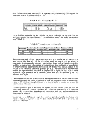 32
estos últimos clasificados como varios, se espera el comportamiento agrícola bajo los tres
escenarios, que se muestra en la Tabla 2.17.
Tabla 2.17. Expectativas de Producción
Producto Escenario Bajo Escenario Medio Escenario Alto
Café 250 Ha 750 Ha 1450 Ha
Varios 150 Ha 450 Ha 1400 Ha
La producción generada por los cultivos de estos productos de acuerdo con los
rendimientos encontrados en la región y promediando en renglón de varios, se relaciona
en la Tabla 2.18.
Tabla 2.18. Producción anual por desarrollo.
Rendimiento Escenario Bajo Escenario Medio Escenario Alto
Producto
Ton/Ha/sem Toneladas/año Toneladas/año Toneladas/año
Café 0.844 422 1.688 2.700
Varios 2.0 600 2.400 4.000
Se esta considerando tal como puede apreciarse en la tabla anterior que se producen dos
cosechas al año. Con el total de producción anual se supone que los vehículos
encargados de transportar los insumos y las cosechas deben realizar los viajes en ambos
sentidos, en cada una de estas etapas. Un supuesto que debe realizarse de acuerdo con
el conocimiento que los consultores tienen sobre este tipo de vías, es que a pesar de no
circular en la actualidad camiones grandes tipo C2g. De realizarse el mejoramiento
podrían en algún momento vincularse al progreso de la región, de aquí que se debe
repartir la carga generada por el desarrollo, entre este tipo de vehículos y los C2p
comunes en la región.
Para el cálculo del número de vehículos se considera nuevamente los tres escenarios, el
bajo se presenta con un índice de crecimiento del 2%,el escenario medio se toma con un
índice de 3% y la fase mas optimista que es el escenario alto se trabaja con un valor de
crecimiento de 5% anual.
La carga generada por el desarrollo se reparte en parte iguales para los tipos de
camiones y se trabaja con una capacidad de 5 toneladas para los C2p y 10 toneladas
para los C2g. Considerando doble viaje para insumos es decir ida y regreso, al igual que
en la época de cosecha.
A pesar de ser un tráfico que se produce en cierto periodo anual, los resultados para
efecto de cálculo se reparten en los 365 días del año. En la Tabla 2.19 se presentan los
resultados obtenidos.
 