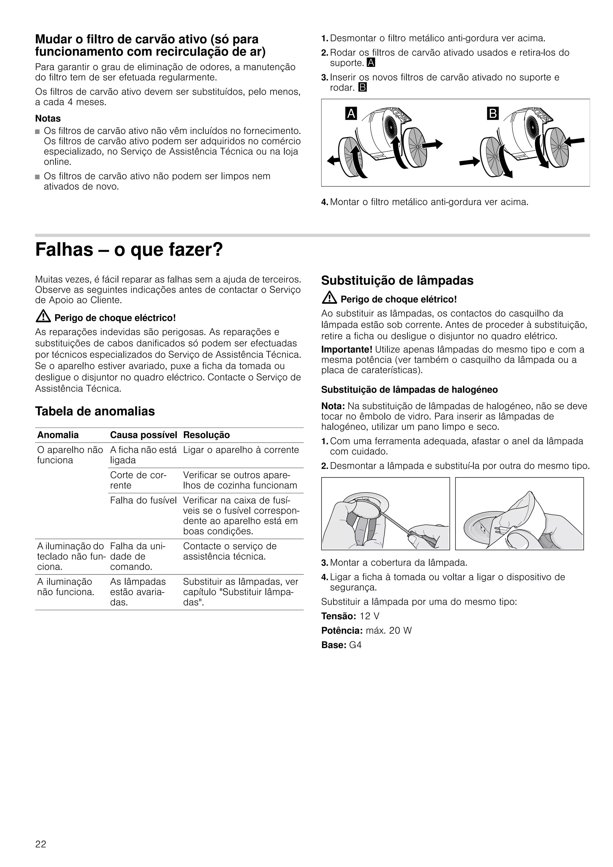 22
Mudar o filtro de carvão ativo (só para
funcionamento com recirculação de ar)
Para garantir o grau de eliminação de odores, a manutenção
do filtro tem de ser efetuada regularmente.
Os filtros de carvão ativo devem ser substituídos, pelo menos,
a cada 4 meses.
Notas
■ Os filtros de carvão ativo não vêm incluídos no fornecimento.
Os filtros de carvão ativo podem ser adquiridos no comércio
especializado, no Serviço de Assistência Técnica ou na loja
online.
■ Os filtros de carvão ativo não podem ser limpos nem
ativados de novo.
1. Desmontar o filtro metálico anti-gordura ver acima.
2. Rodar os filtros de carvão ativado usados e retira-los do
suporte. ¨
3. Inserir os novos filtros de carvão ativado no suporte e
rodar. ©
4. Montar o filtro metálico anti-gordura ver acima.
Falhas – o que fazer?
Muitas vezes, é fácil reparar as falhas sem a ajuda de terceiros.
Observe as seguintes indicações antes de contactar o Serviço
de Apoio ao Cliente.
: Perigo de choque eléctrico!
As reparações indevidas são perigosas. As reparações e
substituições de cabos danificados só podem ser efectuadas
por técnicos especializados do Serviço de Assistência Técnica.
Se o aparelho estiver avariado, puxe a ficha da tomada ou
desligue o disjuntor no quadro eléctrico. Contacte o Serviço de
Assistência Técnica.
Tabela de anomalias
--------
Substituição de lâmpadas
: Perigo de choque elétrico!
Ao substituir as lâmpadas, os contactos do casquilho da
lâmpada estão sob corrente. Antes de proceder à substituição,
retire a ficha ou desligue o disjuntor no quadro elétrico.
Importante! Utilize apenas lâmpadas do mesmo tipo e com a
mesma potência (ver também o casquilho da lâmpada ou a
placa de caraterísticas).
Substituição de lâmpadas de halogéneo
Nota: Na substituição de lâmpadas de halogéneo, não se deve
tocar no êmbolo de vidro. Para inserir as lâmpadas de
halogéneo, utilizar um pano limpo e seco.
1. Com uma ferramenta adequada, afastar o anel da lâmpada
com cuidado.
2. Desmontar a lâmpada e substituí-la por outra do mesmo tipo.
3. Montar a cobertura da lâmpada.
4. Ligar a ficha à tomada ou voltar a ligar o dispositivo de
segurança.
Substituir a lâmpada por uma do mesmo tipo:
Tensão: 12 V
Potência: máx. 20 W
Base: G4
Anomalia Causa possível Resolução
O aparelho não
funciona
A ficha não está
ligada
Ligar o aparelho à corrente
Corte de cor-
rente
Verificar se outros apare-
lhos de cozinha funcionam
Falha do fusível Verificar na caixa de fusí-
veis se o fusível correspon-
dente ao aparelho está em
boas condições.
A iluminação do
teclado não fun-
ciona.
Falha da uni-
dade de
comando.
Contacte o serviço de
assistência técnica.
A iluminação
não funciona.
As lâmpadas
estão avaria-
das.
Substituir as lâmpadas, ver
capítulo "Substituir lâmpa-
das".
 