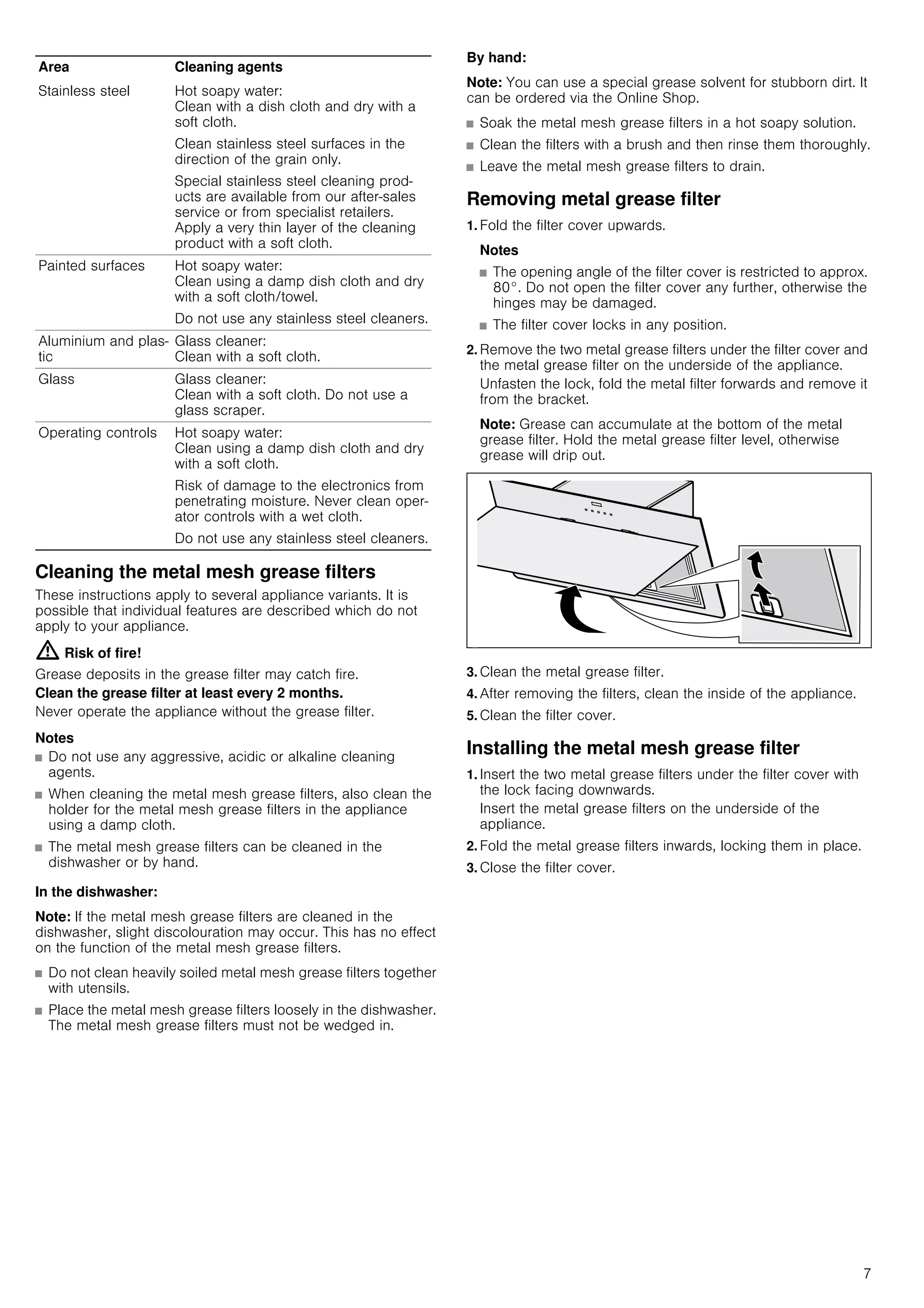 7
Cleaning the metal mesh grease filters
These instructions apply to several appliance variants. It is
possible that individual features are described which do not
apply to your appliance.
: Risk of fire!
Grease deposits in the grease filter may catch fire.
Clean the grease filter at least every 2 months.
Never operate the appliance without the grease filter.
Notes
■ Do not use any aggressive, acidic or alkaline cleaning
agents.
■ When cleaning the metal mesh grease filters, also clean the
holder for the metal mesh grease filters in the appliance
using a damp cloth.
■ The metal mesh grease filters can be cleaned in the
dishwasher or by hand.
In the dishwasher:
Note: If the metal mesh grease filters are cleaned in the
dishwasher, slight discolouration may occur. This has no effect
on the function of the metal mesh grease filters.
■ Do not clean heavily soiled metal mesh grease filters together
with utensils.
■ Place the metal mesh grease filters loosely in the dishwasher.
The metal mesh grease filters must not be wedged in.
By hand:
Note: You can use a special grease solvent for stubborn dirt. It
can be ordered via the Online Shop.
■ Soak the metal mesh grease filters in a hot soapy solution.
■ Clean the filters with a brush and then rinse them thoroughly.
■ Leave the metal mesh grease filters to drain.
Removing metal grease filter
1. Fold the filter cover upwards.
Notes
■ The opening angle of the filter cover is restricted to approx.
80°. Do not open the filter cover any further, otherwise the
hinges may be damaged.
■ The filter cover locks in any position.
2. Remove the two metal grease filters under the filter cover and
the metal grease filter on the underside of the appliance.
Unfasten the lock, fold the metal filter forwards and remove it
from the bracket.
Note: Grease can accumulate at the bottom of the metal
grease filter. Hold the metal grease filter level, otherwise
grease will drip out.
3. Clean the metal grease filter.
4. After removing the filters, clean the inside of the appliance.
5. Clean the filter cover.
Installing the metal mesh grease filter
1. Insert the two metal grease filters under the filter cover with
the lock facing downwards.
Insert the metal grease filters on the underside of the
appliance.
2. Fold the metal grease filters inwards, locking them in place.
3. Close the filter cover.
Area Cleaning agents
Stainless steel Hot soapy water:
Clean with a dish cloth and dry with a
soft cloth.
Clean stainless steel surfaces in the
direction of the grain only.
Special stainless steel cleaning prod-
ucts are available from our after-sales
service or from specialist retailers.
Apply a very thin layer of the cleaning
product with a soft cloth.
Painted surfaces Hot soapy water:
Clean using a damp dish cloth and dry
with a soft cloth/towel.
Do not use any stainless steel cleaners.
Aluminium and plas-
tic
Glass cleaner:
Clean with a soft cloth.
Glass Glass cleaner:
Clean with a soft cloth. Do not use a
glass scraper.
Operating controls Hot soapy water:
Clean using a damp dish cloth and dry
with a soft cloth.
Risk of damage to the electronics from
penetrating moisture. Never clean oper-
ator controls with a wet cloth.
Do not use any stainless steel cleaners.
 