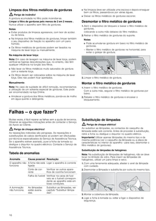 14
Perigo de choque eléctrico!
■ Um aparelho avariado pode causar
choques eléctricos. Nunca ligue um
aparelho avariado. Puxe a ficha da
tomada ou desligue o disjuntor no quadro
eléctrico. Contacte o Serviço de
Assistência Técnica.
Perigo de choque eléctrico!
■ As reparações indevidas são perigosas.
As reparações e substituições de cabos
danificados só podem ser efectuadas por
técnicos especializados do Serviço de
Assistência Técnica. Se o aparelho estiver
avariado, puxe a ficha da tomada ou
desligue o disjuntor no quadro eléctrico.
Contacte o Serviço de Assistência
Técnica.
Perigo de choque eléctrico!
■ A humidade que se infiltra no aparelho
pode dar origem a um choque eléctrico.
Não utilize aparelhos de limpeza a alta
pressão ou de limpeza a vapor.
Causas de danos
Atenção!
Perigo de danificação devido a danos provocados por
corrosão. Ligar sempre o aparelho quando se cozinha, para
evitar a formação de água de condensação. A água de
condensação pode provocar danos de corrosão.
Substituir sempre imediatamente as lâmpadas defeituosas,
para evitar uma sobrecarga das lâmpadas restantes.
Perigo de danificação devido a humidade que penetra no
sistema eletrónico. Nunca limpar os elementos de comando
com um pano húmido.
Danos na superfície devido a uma limpeza incorreta. Limpar as
superfícies de aço inoxidável apenas no sentido do polimento.
Não usar produto de limpeza para aço inoxidável nos
elementos de comando.
Danos na superfície devido a produtos de limpeza agressivos
ou abrasivos. Nunca usar produtos de limpeza agressivos ou
abrasivos.
Perigo de danificação devido ao retorno de condensação.
Instalar a conduta de ar com ligeira queda a partir do
equipamento (1ª inclinação).
Protecção do meio ambiente
Tire o aparelho da embalagem e elimine a mesma de forma
ecológica.
Eliminação ecológica
Tipos de funcionamento
Este aparelho pode ser utilizado em modo de exaustão ou de
recirculação de ar.
Função com exaustão de ar
Nota: O ar evacuado não pode ser encaminhado por uma
chaminé de exaustão de fumos ou de gases queimados em
funcionamento, nem por uma caixa de ar que sirva de
ventilação de locais com lareiras instaladas.
■ Caso o ar evacuado tenha de ser encaminhado por uma
chaminé de exaustão de fumos ou de gases queimados que
não esteja em funcionamento, é necessária uma autorização
da entidade supervisora da instalação dos aparelhos de
queima.
■ Se o ar evacuado for encaminhado através da parede
exterior, deve ser utilizada uma caixa mural telescópica.
Função com recirculação de ar
Nota: Para se poder eliminar os odores na função com
recirculação de ar, tem que ser montado um filtro de carvão
activo. Para poder tirar proveito das diversas possibilidades de
utilização do aparelho em circulação de ar, leia os prospectos
anexos ou consulte o seu agente especializado. Os acessórios
necessários para o efeito podem ser adquiridos no comércio
especializado, nos Serviços Técnicos ou na loja Online. Os
números de referência dos acessórios encontram-se no final
das Instruções de Serviço.
Este aparelho cumpre os requisitos da directiva
europeia 2002/96/CE relativa aos resíduos de
equipamentos eléctricos e electrónicos (WEEE –
waste electrical and electronic equipment). Esta
directiva define o âmbito de retoma e reciclagem
dos resíduos de equipamentos válido a nível
europeu.
O ar aspirado é limpo na sua passagem
pelo filtro de gordura e encaminhado para
o exterior através de um sistema de
tubagem.
O ar aspirado é limpo através da sua passagem
pelo filtro de gorduras e pelo filtro de carvão
activo e conduzido, de novo, para a cozinha.
 