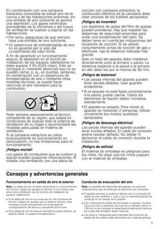 9
En combinación con una campana
extractora conectada se extrae aire de la
cocina y de las habitaciones próximas; sin
una entrada de aire suficiente se genera
una depresión. Los gases venenosos
procedentes de la chimenea o del hueco
de ventilación se vuelven a aspirar en las
habitaciones.
■ Por tanto, asegurarse de que siempre
haya una entrada de aire suficiente.
■ Un pasamuros de entrada/salida de aire
no es garantía por sí solo del
cumplimiento del valor límite.
A fin de garantizar un funcionamiento
seguro, la depresión en el recinto de
instalación de los equipos calefactores no
debe superar 4 Pa (0,04 mbar). Esto se
consigue si, mediante aberturas que no se
pueden cerrar, p. ej., en puertas, ventanas,
en combinación con un pasamuros de
entrada/salida de aire o mediante otras
medidas técnicas, se puede hacer
recircular el aire necesario para la
combustión.
Pedir siempre asesoramiento al técnico
competente de su región, que estará en
condiciones de evaluar todo el sistema de
ventilación de su hogar y recomendarle las
medidas adecuadas en materia de
ventilación.
Si la campana extractora se utiliza
exclusivamente en funcionamiento en
recirculación, no hay limitaciones para el
funcionamiento.
¡Peligro mortal!
Los gases de combustión que se vuelven a
aspirar pueden ocasionar intoxicaciones. Al
instalar una ventilación con una placa de
cocción con campana extractora, la
conducción eléctrica de la campana debe
estar provista de los fusibles apropiados.
¡Peligro de incendio!
Los depósitos de grasa del filtro de grasas
pueden prenderse. Hay que respetar las
distancias de seguridad prescritas para
evitar una condensación del calor. Se
deben tener en cuenta las indicaciones del
recipiente de cocción. Si se utilizan
conjuntamente zonas de cocción de gas y
eléctricas, rige la distancia indicada más
grande.
Solo un lado del aparato debe instalarse
directamente junto al armario o pared. La
distancia respecto a la pared o al armario
en alto debe ser por lo menos de 50 mm.
¡Peligro de lesiones!
■ Las piezas internas del aparato pueden
tener bordes afilados. Usar guantes
protectores.
¡Peligro de lesiones!
■ Si el aparato no está fijado correctamente
a la pared, puede caerse. Todos los
elementos de fijación deben montarse
debidamente.
¡Peligro de lesiones!
■ El aparato es pesado. Para mover el
aparato se necesitan 2 personas. Utilizar
únicamente los medios auxiliares
apropiados.
¡Peligro de descarga eléctrica!
Las piezas internas del aparato pueden
tener bordes afilados. El cable de conexión
podría resultar dañado. No doblar ni
aprisionar el cable de conexión durante la
instalación.
¡Peligro de asfixia!
El material de embalaje es peligroso para
los niños. No dejar que los niños jueguen
con el material de embalaje.
Consejos y advertencias generales
Funcionamiento en salida de aire al exterior
Nota: La salida de aire no debe transmitirse ni a una chimenea
de humos o gases de escape en servicio ni a un hueco que
sirva como ventilación de los recintos de instalación de
equipos calefactores.
■ Si la salida de aire se va a evacuar en una chimenea de
humos o gases de escape que no está en servicio, será
necesario contar previamente con la aprobación
correspondiente del técnico competente de la zona.
■ Si la salida de aire se evacua mediante la pared exterior, se
deberá utilizar un pasamuros telescópico.
Conducto de evacuación del aire
Nota: La garantía del fabricante del aparato no cubre las
reclamaciones que se atribuyan al segmento de conductos.
■ El aparato alcanza su potencia óptima con un conducto de
salida de aire rectilíneo y corto y con un diámetro grande de
conducto en la medida de lo posible.
■ Con conductos de salida de aire largos y rugosos, muchos
codos de tubo o diámetros de tubo de un tamaño inferior a
150 mm no se consigue la capacidad de aspiración óptima y
los ruidos del ventilador serán mayores.
■ Los tubos o mangueras para el tendido del conducto de
salida del aire deben estar fabricados con material ignífugo.
 