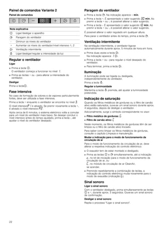 22
Painel de comandos Variante 2
Painel de comandos
Regular o ventilador
Ligar
■ Prima a tecla #.
O ventilador começa a funcionar no nível ‚.
■ Prima as teclas + ou - para alterar a intensidade do
ventilador.
Desligar
Prima a tecla#.
Fase intensiva
No caso de formação de odores e de vapores particularmente
fortes, deve ser utilizada a fase intensiva.
Prima a tecla + enquanto o ventilador se encontra no nível „.
O nível intensivo˜‚ é ativado. Se premir novamente a tecla +,
é ativado o nível intensivo ˜ƒ.
Após cerca de 6 minutos, o sistema eletrónico volta a comutar
para um nível do ventilador mais baixo. Se desejar concluir o
nível intensivo antes do tempo ajustado, prima a tecla -, até
ajustar o nível do ventilador desejado.
Paragem do ventilador
■ Prima a tecla +. Na indicação aparece -- /.
■ Prima a tecla +. É apresentado o valor sugerido „‹ /. Ao
premir a tecla + ou -, é possível alterar o valor sugerido.
■ Prima a tecla -. É apresentado o valor sugerido‚‹ /. Ao
premir a tecla + ou -, é possível alterar o valor sugerido.
É possível alterar o valor regulado em qualquer altura.
Para parar o ventilador antes do tempo, prima a tecla +.
Ventilação intermitente
Na ventilação intermitente, o ventilador liga-se
automaticamente durante aprox. 5 minutos de hora em hora.
■ Prima duas vezes a tecla '.
Na indicação aparece ‚ '.
■ Prima a tecla + ou - para regular o nível desejado do
ventilador.
■ Para terminar, prima a tecla '.
Iluminação
A iluminação pode ser ligada ou desligada,
independentemente do ventilador.
Prima a tecla A.
Regular a luminosidade
Mantenha a tecla A premida, até ajustar a luminosidade
pretendida.
Indicação de saturação
Quando os filtros metálicos de gorduras ou o filtro de carvão
ativo estão saturados, ouve-se um sinal sonoro durante aprox.
4 segundos, depois de desligar o ventilador.
Adicionalmente, surge o símbolo correspondente no visor:
■ Filtro metálico de gorduras: ®
■ Filtro de carvão ativo: ’
Neste momento, os filtros metálicos de gorduras têm de ser
limpos ou o filtro de carvão ativo trocado.
Para saber como limpar os filtros metálicos de gorduras,
consulte o capítulo Limpeza e manutenção.
Mudar a indicação para o modo de funcionamento da
circulação de ar
Para o modo de funcionamento da circulação de ar, deve
alterar a respetiva indicação do controlo eletrónico:
■ O exaustor tem de estar montado e desligado.
■ Prima as teclas # e + simultaneamente, até a indicação
™, no kit de iniciação para o modo de funcionamento da
circulação de ar, ou
’, no módulo de circulação de ar CleanAir,
se acender.
■ Premindo repetidamente a combinação de teclas, a
indicação do controlo eletrónico muda novamente para o
modo de exaustão (indicação ®).
Sinal sonoro
Ligar o sinal sonoro
Com o ventilador desligado, prima simultaneamente as teclas
# e +, durante aprox. 3 segundos. Ouve-se um sinal sonoro
de confirmação.
Desligar o sinal sonoro
Repita o processo "Ligar o sinal sonoro".
Nota explicativa
# Ligar/desligar o aparelho
+ Paragem do ventilador
- Diminuir os níveis do ventilador
+ Aumentar os níveis do ventilador/nível intensivo 1, 2
' Ventilação intermitente
A Ligar/desligar/regular a intensidade da luz
 