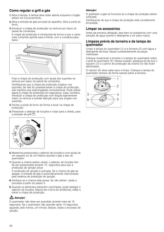 30
Como regular o grill a gás
1. Abra a tampa. A tampa deve estar aberta enquanto o fogão
estiver em funcionamento.
2. Abra a entrada de gás principal do aparelho. Abra a porta do
forno.
3. Introduzir a chapa de protecção na ranhura por baixo do
painel de comandos.
A chapa de protecção é introduzida de forma a que o canto
mais comprido aponte para a frente, com a curvatura para
baixo.
Fixar a chapa de protecção com ajuda dos suportes na
ranhura por baixo do painel de comandos.
Certifique-se que a chapa de protecção engatou nos
suportes. Se não for possível extrair a chapa de protecção,
isso significa que está engatado correctamente. Pode utilizar
agora a chapa de protecção em segurança. Caso contrário,
introduzir a chapa de protecção num ângulo ligeiramente
maior na ranhura e prestar atenção para que engate nos
suportes.
4. Fechar a porta do forno de forma a tocar na chapa de
protecção.
5. Pressionar o selector de funções e rodar para a direita, para
a posição de grill $.
6. Mantenha pressionado o selector de funções e com ajuda de
um isqueiro ou de um fósforo acenda o gás a sair do
queimador.
7. Quando a chama estiver visível, o selector de funções tem
de ser pressionado durante 10 segundos para que a
protecção de ignição actue.
A protecção de ignição é activada. Se a chama de gás se
apagar, a entrada de gás é automaticamente interrompida
pelo sistema de protecção de ignição.
8. Verifique se a chama está acesa. Se não estiver, repita o
processo a partir do passo 5.
9. Quando os alimentos estiverem cozinhados, pode desligar o
selector de funções. Depois de o forno ter arrefecido, voltar a
retirar a chapa de protecção.
: Atenção!
O queimador não deve ser acendido durante mais de 15
segundos. Se o queimador não acender após 15 segundos,
aguarde, pelo menos, um minuto. Depois, repita o processo de
ignição.
Atenção!
O grelhador a gás só funciona se a chapa de proteção estiver
colocada.
Certifique-se de que a chapa de proteção está corretamente
encaixada.
Limpar os acessórios
Antes da primeira utilização, lave bem os acessórios com uma
solução de água quente e detergente e um pano macio.
Limpeza prévia da torneira e da tampa do
queimador
Limpe a tampa do queimador (1) e a torneira (2) com água e
detergente da loiça. Seque cuidadosamente as peças
individuais.
Coloque novamente a torneira e a tampa do queimador sobre
o anel do queimador (5). Nessa ocasião, assegure-se de que o
isqueiro (3) e o perno de protecção da chama (4) não ficam
danificados.
O injector (6) deve estar seco e limpo. Coloque a tampa do
queimador sempre de forma exacta sobre a torneira.
 