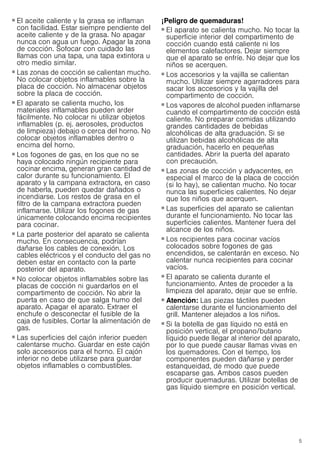 5
■ El aceite caliente y la grasa se inflaman
con facilidad. Estar siempre pendiente del
aceite caliente y de la grasa. No apagar
nunca con agua un fuego. Apagar la zona
de cocción. Sofocar con cuidado las
llamas con una tapa, una tapa extintora u
otro medio similar.
¡Peligro de incendio!
■ Las zonas de cocción se calientan mucho.
No colocar objetos inflamables sobre la
placa de cocción. No almacenar objetos
sobre la placa de cocción.
¡Peligro de incendio!
■ El aparato se calienta mucho, los
materiales inflamables pueden arder
fácilmente. No colocar ni utilizar objetos
inflamables (p. ej. aerosoles, productos
de limpieza) debajo o cerca del horno. No
colocar objetos inflamables dentro o
encima del horno.
¡Peligro de incendio!
■ Los fogones de gas, en los que no se
haya colocado ningún recipiente para
cocinar encima, generan gran cantidad de
calor durante su funcionamiento. El
aparato y la campana extractora, en caso
de haberla, pueden quedar dañados o
incendiarse. Los restos de grasa en el
filtro de la campana extractora pueden
inflamarse. Utilizar los fogones de gas
únicamente colocando encima recipientes
para cocinar.
¡Peligro de incendio!
■ La parte posterior del aparato se calienta
mucho. En consecuencia, podrían
dañarse los cables de conexión. Los
cables eléctricos y el conducto del gas no
deben estar en contacto con la parte
posterior del aparato.
¡Peligro de incendio!
■ No colocar objetos inflamables sobre las
placas de cocción ni guardarlos en el
compartimento de cocción. No abrir la
puerta en caso de que salga humo del
aparato. Apagar el aparato. Extraer el
enchufe o desconectar el fusible de la
caja de fusibles. Cortar la alimentación de
gas.
¡Peligro de incendio!
■ Las superficies del cajón inferior pueden
calentarse mucho. Guardar en este cajón
solo accesorios para el horno. El cajón
inferior no debe utilizarse para guardar
objetos inflamables o combustibles.
¡Peligro de quemaduras!
■ El aparato se calienta mucho. No tocar la
superficie interior del compartimento de
cocción cuando está caliente ni los
elementos calefactores. Dejar siempre
que el aparato se enfríe. No dejar que los
niños se acerquen.
¡Peligro de quemaduras!
■ Los accesorios y la vajilla se calientan
mucho. Utilizar siempre agarradores para
sacar los accesorios y la vajilla del
compartimento de cocción.
¡Peligro de quemaduras!
■ Los vapores de alcohol pueden inflamarse
cuando el compartimento de cocción está
caliente. No preparar comidas utilizando
grandes cantidades de bebidas
alcohólicas de alta graduación. Si se
utilizan bebidas alcohólicas de alta
graduación, hacerlo en pequeñas
cantidades. Abrir la puerta del aparato
con precaución.
¡Peligro de quemaduras!
■ Las zonas de cocción y adyacentes, en
especial el marco de la placa de cocción
(si lo hay), se calientan mucho. No tocar
nunca las superficies calientes. No dejar
que los niños que acerquen.
¡Peligro de quemaduras!
■ Las superficies del aparato se calientan
durante el funcionamiento. No tocar las
superficies calientes. Mantener fuera del
alcance de los niños.
¡Peligro de quemaduras!
■ Los recipientes para cocinar vacíos
colocados sobre fogones de gas
encendidos, se calentarán en exceso. No
calentar nunca recipientes para cocinar
vacíos.
¡Peligro de quemaduras!
■ El aparato se calienta durante el
funcionamiento. Antes de proceder a la
limpieza del aparato, dejar que se enfríe.
¡Peligro de quemaduras!
■ Atención: Las piezas táctiles pueden
calentarse durante el funcionamiento del
grill. Mantener alejados a los niños.
¡Peligro de quemaduras!
■ Si la botella de gas líquido no está en
posición vertical, el propano/butano
líquido puede llegar al interior del aparato,
por lo que puede causar llamas vivas en
los quemadores. Con el tiempo, los
componentes pueden dañarse y perder
estanqueidad, de modo que puede
escaparse gas. Ambos casos pueden
producir quemaduras. Utilizar botellas de
gas líquido siempre en posición vertical.
 