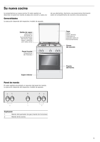 9
Su nueva cocina
Le presentamos su nueva cocina. En este capítulo se
describen el panel de mando, la placa de cocción y cada uno
de sus elementos. Asimismo, se proporciona información
sobre el compartimento de cocción y los accesorios.
Generalidades
La ejecución depende del respectivo modelo de aparato.
Panel de mando
En este capítulo encontrará un resumen del panel de mando.
La ejecución depende del respectivo modelo de aparato.
Explicación
1 Mando del quemador de gas (mando de funciones)
2 Mando de la cocina
 