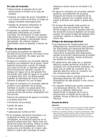 4
En caso de incendio:
■ Desconectar el aparato de la red:
desconectar el fusible de la caja de
fusibles.
■ Colocar una tapa de acero inoxidable o
una manta contra incendios: el fuego se
apaga mediante desoxigenación.
■ Apagar la campana extractora: la
corriente de aire aviva el fuego.
¡Peligro de incendio!
■ El aparato se calienta mucho, los
materiales inflamables se pueden
incendiar. No almacenar ni usar objetos
inflamables (p. ej. aerosoles o productos
de limpieza) debajo o demasiado cerca
del aparato. No colocar objetos
inflamables sobre el aparato o dentro de
él.
¡Peligro de quemaduras!
■ Las partes accesibles se calientan
durante el funcionamiento. No tocar nunca
las partes calientes. No dejar que los
niños se acerquen.
¡Peligro de quemaduras!
■ El agua en contacto con el aceite caliente
produce una explosión de la grasa. Tener
especial precaución cuando se trabaja
con agua cerca de un aparato caliente.
Tener precaución también cuando se
trabaja con agua cerca del aparato frío.
No puede caer nada de agua en el aceite
o la grasa para freír. ¡La grasa puede
explotar al calentarla de nuevo! Cubrir
siempre el aparato frío con la tapa.
¡Peligro de quemaduras!
■ El agua en contacto con el aceite caliente
produce una explosión de la grasa.
Cambiar el aceite o la grasa para freír,
cuando contengan mucha agua (p. ej.
cuando se fríen alimentos congelados con
frecuencia).
Indicios de existencia de agua en el aceite
o la grasa para freír:
■ formación de burbujas
■ gotas de agua
■ vapor de agua
■ salpicaduras fuertes al freír
¡Peligro de quemaduras!
■ Si se emplean alimentos húmedos o el
recipiente se llena con grandes
cantidades, se producirá espuma en el
aceite/la grasa para freír. Secar bien los
alimentos antes de freírlos. Retirar el hielo
en los alimentos congelados. Llenar la
cesta junto a la freidora, en ningún caso
dentro ni sobre ella. Sumergir la cesta
despacio varias veces en el aceite o la
grasa.
¡Peligro de quemaduras!
■ El agua en contacto con el aceite caliente
produce una explosión de la grasa.
Después de limpiar el recipiente de la
freidora, secarlo con cuidado antes de
volver a llenarlo con aceite o grasa para
freír.
¡Peligro de quemaduras!
■ Si la tapa del aparato está puesta se
producirá una acumulación de calor.
Poner la tapa una vez el aparato esté frío.
No encender nunca el aparato con la tapa
puesta. No utilizar la tapa del aparato para
conservar caliente o colocar objetos
sobre ella.
¡Peligro de descarga eléctrica!
■ Las reparaciones inadecuadas son
peligrosas.Las reparaciones solo pueden
ser efectuadas por personal del Servicio
de Asistencia Técnica debidamente
instruido.Si el aparato está defectuoso,
extraer el enchufe o desconectar el fusible
en la caja de fusibles. Avisar al Servicio
de Asistencia Técnica.
¡Peligro de descarga eléctrica!
■ El aislamiento del cable de un aparato
eléctrico puede derretirse al entrar en
contacto con componentes calientes. No
dejar que el cable de conexión de un
aparato eléctrico entre en contacto con
los componentes calientes.
¡Peligro de descarga eléctrica!
■ La humedad interior puede provocar una
descarga eléctrica. No utilizar ni
limpiadores de alta presión ni por chorro
de vapor.
¡Peligro de descarga eléctrica!
■ Un aparato defectuoso puede ocasionar
una descarga eléctrica. No conectar
nunca un aparato defectuoso.
Desenchufar el aparato de la red o
desconectar el fusible de la caja de
fusibles. Avisar al Servicio de Asistencia
Técnica.
Causas de daños
¡Atención!
■ La pantalla o la tapa vitrocerámicas pueden resultar dañadas
si se dejan caer objetos duros o puntiagudos sobre ellas.
■ Daños en el aparato debido a accesorio inadecuado: Utilice
sólo accesorio original previsto. Utilice sólo las cestas para
freidora previstas para este aparato. No utilice nunca la
tapadera de cristal del aparato de cocción a vapor para la
freidora.
 