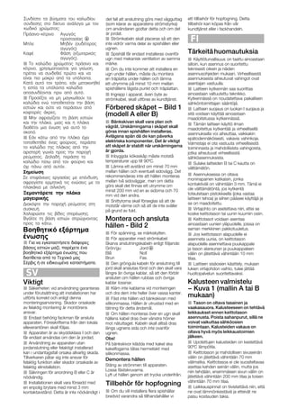 ÐñÜóéíï-êßôñéíï Áãùãüò
ðñïóôáóßáò $
Ìðëå ÌçäÝí (ïõäÝôåñïò
áãùãüò)
ÊáöÝ ÖÜóç (åîùôåñéêüò
áãùãüò).
J Ôï êáëþäéï ÷ñþìáôïò ðñÜóéíï êáé
êßôñéíï, ÷ñçóéìïðïéåßôáé ãéá ãåßùóç,
ðñÝðåé íá óõíäåèåß ðñþôï êáé íá
åßíáé ðéï ìáêñý áðü ôá õðüëïéðá.
ÊáôÜ áõôü ôïí ôñüðï, åÜí ìåôáêéíçèåß
ç åóôßá ôá õðüëïéðá êáëþäéá
áðïóõíäÝïíôáé ðñéí áðü áõôü.
J ÐñïóÝîôå íá ìç ìáãêùèïýí ôá
êáëþäéá åíþ ôïðïèåôåßôáé ôçí âÜóç
åóôéþí êáé ïýôå íá ðåñÜóïõí áðü
êïöôåñÝò Üêñåò.
J Ìçí óöñáãßæåôå ôç âÜóç åóôéþí
êáé ôçí ðëÜêá, ìéáò êáé ç ðëÜêá
äéáèÝôåé ìéá Ýíùóç ãéá áõôü ôï
óêïðü.
J ÅÜí êÜôù áðü ôçí ðëÜêá Ý÷åé
ôïðïèåôçèåß Ýíáò öïýñíïò, ðåñÜóôå
ôï êáëþäéï ôçò ðëÜêáò áðü ôçí
áñéóôåñÞ ãùíßá ðñïò ôçí ðáñï÷Þ
ñåýìáôïò. ÄçëáäÞ, ðåñÜóôå ôï
êáëþäéï ðßóù áðü ôïí öïýñíï êáé
ü÷é ðÜíù áðü áõôüí.
Óçìåßùóç
Óå åðéöÜíåéåò åñãáóßáò ìå åðÝíäõóç,
óöñáãßóôå åñìçôéêÜ ôéò åíþóåéò ìå ôá
ðëáêÜêéá ìå óéëéêüíç.
ÎåìïíôÜñåôå ôçí ðëÜêá
ìáãåéñéêÞò
Äéáêüøôå ôçí ðáñï÷Þ ñåýìáôïò óôç
óõóêåõÞ.
×áëáñþóôå ôéò âßäåò óôåñÝùóçò.
ÂãÜëôå ôç âÜóç åóôéþí óðñþ÷íïíôáò
ðñïò ôá êÜôù.
SV
Viktigt
J Säkerheten vid användning garanteras
under förutsättning att installationen har
utförts korrekt och enligt denna
monteringsanvisning. Skador orsakade
av felaktig montering är montörens
ansvar.
J Endast behörig fackman får ansluta
apparaten. Föreskrifterna från den lokala
elleverantören skall följas.
J Apparaten är av skyddsklass I och den
får endast användas om den är jordad.
J Användning av apparaten utan
jordanslutning eller felaktigt installerad
kan i undantagsfall orsaka allvarlig skada.
Tillverkaren påtar sig inte ansvar för
felaktig funktion eller skador orsakade av
felaktig elinstallation.
J Säkringen för anordning B eller C är
nödvändig.
J Installationen skall vara försedd med
en enpolig brytare med minst 3 mm
kontaktavstånd. Detta är inte nödvändigt i
det fall att anslutning görs med vägguttag
(som klarar av apparatens strömstyrka)
om användaren godtar detta och om det
är jordat.
J Strömkabeln skall placeras så att den
inte vidrör varma delar av spishällen eller
ugnen.
J Spishäll får endast installeras ovanför
ugn med mekanisk ventilation av samma
märke.
J
J Ingrepp i apparat, även byte av
strömkabel, skall utföras av kundtjänst.
Förbered skåpet - Bild 1
(modell A eller B)
J Bänkskivan skall vara plan och
vågrät. Urskärningarna i skåpet skall
göras innan spishällen installeras.
Avlägsna spån då de kan påverka
elektriska komponenter. Det är viktigt
att skåpet är stabilt när urskärningarna
är gjorda.
J Inbyggda köksskåp måste motstå
temperaturer upp till 90ºC.
J Lämna ett avstånd om minst 70 mm
mellan hällen och eventuell sidovägg. Det
rekommenderas inte att hällen monteras
mellan två sidoväggar, men om detta
görs skall det finnas ett utrymme om
minst 200 mm vid en av sidorna och 70
mm vid den andra.
J Snittytorna skall förseglas så att de
motstår värme och så att de inte sväller
på grund av fukt.
Montera och ansluta
hällen Ć Bild 2
J För spänning, se märkskylten.
J För apparater med strömkabel:
Skarva anslutningskabeln enligt följande:
Grön/gu Jord $
Blå Noll
Brun Fas.
J Den gröngula kabeln för anslutning till
jord skall anslutas först och den skall vara
längre än övriga kablar, så att den förblir
ansluten om hällen rubbas och övriga
kablar lossnar.
J Kläm inte kablarna vid monteringen
och dra dem inte heller över vassa kanter.
J Fäst inte hällen vid bänkskivan med
silikonmassa. Hällen är utrustad med en
tätning för detta ändamål.
J Om hällen monteras över en ugn skall
hällens kabel dras över vänstra hörner
mot nätuttaget. Kabeln skall alltså dras
längs ugnens sida och inte ovanför
ugnen.
Obs!
På bänkskivor klädda med kakel ska
kakelfogarna tätas hermetiskt med
silikonmassa.
Demontera hällen
Stäng av strömmen till apparaten.
Lossa fästskruvarna.
Lyft ut hällen genom att trycka underifrån.
FI
Tärkeitähuomautuksia
J Käyttöturvallisuus on taattu ainoastaan
silloin, kun asennus on suoritettu
teknisesti oikein ja näiden
asennusohjeiden mukaan. Virheellisestä
asennuksesta aiheutuvat vahingot ovat
asentajan vastuulla.
J Laitteen kytkennän saa suorittaa
ainoastaan valtuutettu teknikko.
Kytkennässä on noudatettava paikallisen
sähköntoimittajan sääntöjä.
J Laitteen suojaus on luokan I suojaus ja
sitä voidaan käyttää ainoastaan
maadoitetussa kytkennässä.
J Tämän laitteen käyttö ilman
maadoitettua kytkentää ja virheellisellä
asennuksella voi aiheuttaa, vaikkakin
epätodennäköisesti, vakavia vahinkoja.
Valmistaja ei ota vastuuta virheellisestä
toiminnasta ja mahdollisista vahingoista,
jotka aiheutuvat virheellisistä
sähköasennuksista.
J Sulake laitteiden B tai C kautta on
välttämätön.
J Asennuksessa on oltava
moninapainen katkaisin, jonka
kontaktiväli on vähintään 3 mm. Tämä ei
ole välttämätöntä, jos kytkentä
toteutetaan pistokkeella (joka vastaa
laitteen tehoa) ja siihen pääsee käyttäjä ja
se on maadoitettu.
J Virtajohto on asetettava niin, ettei se
koske keittotason tai uunin kuumiin osiin.
J Keittotasot voidaan asentaa
ainoastaan uunien yläpuolelle, joissa on
saman merkkinen pakkotuuletus.
J
J Laitteen sisäosien käsittely, mukaan
lukien virtajohdon vaihto, tulee jättää
huoltopalvelun suoritettavaksi.
Kalusteen valmistelu
- Kuva 1 (mallin A tai B
mukaan)
J Tason on oltava tasainen ja
vaakasauora. Kalusteeseen on tehtävä
leikkaukset ennen keittotason
asennusta. Poista sahanpurut, sillä ne
voivat vaikuttaa sähköosien
toimintaan. Kalusteiden vakaus on
oltava hyvä myös leikkaustoimien
jälkeen.
J Upotettujen kalusteiden on kestettävä
90ºC lämpötila.
J Keittotason ja mahdollisen sivuseinän
väliin on jätettävä vähintään 70 mm
välimatka. Keittotasoa ei ole suositeltavaa
asettaa kahden seinän väliin, mutta jos
niin tehdään, ensimmäisen sivun väliin on
jätettävä vähintään 200 mm tilaa ja toisen
vähintään 70 mm tilaa.
J Leikkauspinnat on tiivistettävä niin, että
ne ovat lämmönkestäviä ja etteivät ne
paisu kosteuden takia.
=
gçë=âÉáííçí~ëçå=~ä~éìçäÉääÉ=Éá=
~ëÉååÉí~=ììåá~I=çå=âÉáííçí~ëçå=
~ä~éìçäÉääÉ=~ëÉååÉíí~î~=éììâ~éé~äÉ=
à~=í~ëçå=~ä~êÉìå~å=à~=éììâ~éé~äÉÉå=
î®äááå=çå=à®íÉíí®î®=î®Üáåí®®å=NM=ãã=
íáä~~K=
ÜçéÑçÖåáåÖ=
ÄêÉÇîáÇ=î~ê~åÇê~=ë™=íáääÜ~åÇ~Ü™ääÉê=îá=
Éíí=íáääÄÉÜ∏ê=Ñ∏ê=ÜçéÑçÖåáåÖK=aÉíí~=
íáääÄÉÜ∏ê=â~å=â∏é~ë=Ñê™å=î™ê=
âìåÇíà®åëí=ÉääÉê=á=Ñ~ÅâÜ~åÇÉäåK=
=
qáääÄÉÜ∏ê=Ñ∏ê=
J=====lã=Çì=îáää=áåëí~ääÉê~=ÑäÉê~=ëéáëÜ®ää~ê=
lã=Çì=áåíÉ=âçããÉê=~íí=áåëí~ääÉê~=Éå=
ìÖå=ìåÇÉê=Ü®ääÉåI=ã™ëíÉ=Çì=ãçåíÉê~=
Éå=íê®éä~íí~=ìåÇÉê=Ü®ääÉå=çÅÜ=ä®ãå~=
Éíí=ìíêóããÉ=é™=ãáåëí=NM=ãã=ãÉää~å=
ëéáëÜ®ääÉåë=ä®Öëí~=éìåâí=çÅÜ=íê®éä~íí~åK=
Βοηθητικό εξάρτημα
ένωσης
Για να εγκαταστήσετε διάφορες
βάσεις εστιών μαζί, παρέχετε ένα
βοηθητικό εξάρτημα ένωσης που
διατίθεται από το Τεχνικό μας
Σέρβις ή σε ειδικευμένα καταστήματα.
J
ÓõíäÝóôå ôá âýóìáôá ôïõ êáëùäßïõ
óýíäåóçò óôï äßêôõï áíÜëïãá ìå ôïí
êùäéêü ÷ñþìáôïò:
 