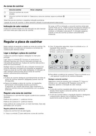 15
As zonas de cozinhar
Indicação de calor residual
A placa de cozinhar dispõe de uma indicação de calor residual
com dois níveis para cada zona de cozinhar. .
Se surgir um • na indicação, a zona de cozinhar ainda está
quente. Pode, por ex., manter quente uma pequena refeição ou
derreter uma cobertura. Se a zona de cozinhar continuar a
arrefecer, a indicação muda para œ. A indicação apaga-se,
quando a zona de cozinhar já estiver suficientemente
arrefecida.
Regular a placa de cozinhar
Neste capítulo irá aprender a regular as zonas de cozinhar. Da
tabela constam as potências de cozedura e os tempos de
cozedura para diversos pratos.
Ligar e desligar a placa de cozinhar
A placa de cozinhar é ligada e desligada no interruptor
principal.
Ligar: toque no símbolo #. Ouve-se um sinal sonoro. O
indicador luminoso por cima do interruptor principal e as
indicações ‹ acendem-se. A placa de cozinhar está pronta a
entrar em funcionamento.
Desligar: toque no símbolo #, até o indicador luminoso por
cima do interruptor principal e as indicações se apagarem.
Todas as zonas de cozinhar estão desligadas. A indicação de
calor residual continua acesa até as zonas de cozinhar
estarem suficientemente arrefecidas.
Notas
■ A placa de cozinhar desliga-se automaticamente se todas as
zonas de cozinhar estiverem desligadas durante mais de
20 segundos.
■ Depois de desligar a placa de cozinhar, as regulações
permanecem memorizadas durante os primeiros
4 segundos. Se, durante este tempo, ligar novamente, a
placa de cozinhar entra em funcionamento com os ajustes
anteriores.
Regular uma zona de cozinhar
Os símbolos + e - permitem-lhe regular a potência de cozedura
desejada.
Potência de cozedura 1 = potência mínima
Potência de cozedura 9 = potência máxima
Cada potência de cozedura tem um nível intermédio. Este está
assinalado com um ponto.
Regular potência de cozedura
A placa de cozinhar tem de estar ligada.
1. Toque no símbolo $ para selecionar a zona de cozinhar.
2. Nos 10 segundos seguintes, toque no símbolo + ou -. A
regulação base aparece.
Símbolo + potência de cozedura 9
Símbolo - potência de cozedura 4
3. Para alterar a potência de cozedura: Toque no símbolo + ou
-, até aparecer a potência de cozedura desejada.
Desligar a zona de cozinhar
Selecione a zona de cozinhar com o símbolo $. Toque no
símbolo + ou -, até aparecer ‹. Passados cerca de 10
segundos, aparece a indicação de calor residual.
Notas
■ A zona de cozinhar regulada pela última vez permanece
ativada. Pode regular a zona de cozinhar, sem ter de
selecioná-la de novo.
■ A zona de cozinhar efetua a regulação ligando e desligando
o aquecimento. Mesmo com a potência máxima, o
aquecimento pode ser ligado e desligado.
Zona de cozinhar Ativar e desativar
$ Zona de cozinhar de circuito
simples
ð Zona de cozinhar de duplo cir-
cuito
Selecione a zona de cozinhar, toque no símbolo ð.
Ativar da zona de cozinhar: a respetiva indicação acende-se.
Ligação da zona de cozinhar: o último tamanho utilizado é automaticamente selecionado
 
 