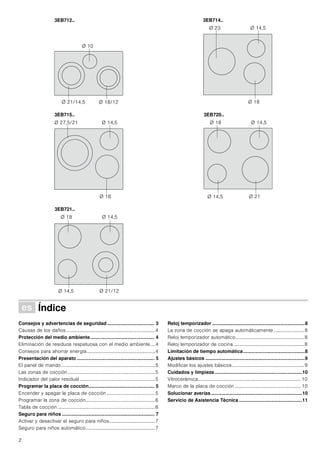 2
Û Índice[es]Instruccionesdeuso
Consejos y advertencias de seguridad ................................... 3
Causas de los daños.........................................................................4
Protección del medio ambiente................................................ 4
Eliminación de residuos respetuosa con el medio ambiente....4
Consejos para ahorrar energía........................................................4
Presentación del aparato.......................................................... 5
El panel de mando .............................................................................5
Las zonas de cocción........................................................................5
Indicador del calor residual..............................................................5
Programar la placa de cocción................................................. 5
Encender y apagar la placa de cocción........................................5
Programar la zona de cocción.........................................................6
Tabla de cocción ................................................................................6
Seguro para niños ..................................................................... 7
Activar y desactivar el seguro para niños......................................7
Seguro para niños automático.........................................................7
Reloj temporizador .....................................................................8
La zona de cocción se apaga automáticamente .........................8
Reloj temporizador automático........................................................8
Reloj temporizador de cocina..........................................................8
Limitación de tiempo automática..............................................8
Ajustes básicos ..........................................................................9
Modificar los ajustes básicos...........................................................9
Cuidados y limpieza .................................................................10
Vitrocerámica.................................................................................... 10
Marco de la placa de cocción ...................................................... 10
Solucionar averías....................................................................10
Servicio de Asistencia Técnica ...............................................11
(%
‘ 
‘ 
‘ 
(%
‘ 
‘ 
‘ 
(%
‘ 
‘ 
‘ 
(%
‘ 
‘ 
‘ 
‘ 
(%
‘ 
‘ 
‘ 
‘ 
 