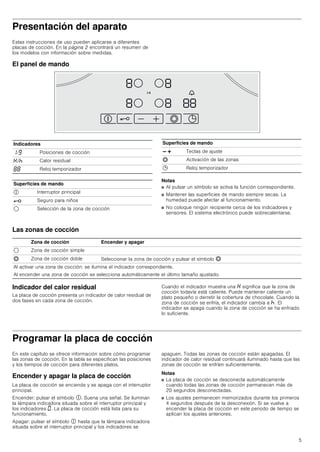 5
Presentación del aparato
Estas instrucciones de uso pueden aplicarse a diferentes
placas de cocción. En la página 2 encontrará un resumen de
los modelos con información sobre medidas.
El panel de mando
Notas
■ Al pulsar un símbolo se activa la función correspondiente.
■ Mantener las superficies de mando siempre secas. La
humedad puede afectar al funcionamiento.
■ No coloque ningún recipiente cerca de los indicadores y
sensores. El sistema electrónico puede sobrecalentarse.
Las zonas de cocción
Indicador del calor residual
La placa de cocción presenta un indicador de calor residual de
dos fases en cada zona de cocción.
Cuando el indicador muestra una • significa que la zona de
cocción todavía está caliente. Puede mantener caliente un
plato pequeño o derretir la cobertura de chocolate. Cuando la
zona de cocción se enfría, el indicador cambia a œ. El
indicador se apaga cuando la zona de cocción se ha enfriado
lo suficiente.
Programar la placa de cocción
En este capítulo se ofrece información sobre cómo programar
las zonas de cocción. En la tabla se especifican las posiciones
y los tiempos de cocción para diferentes platos.
Encender y apagar la placa de cocción
La placa de cocción se enciende y se apaga con el interruptor
principal.
Encender: pulsar el símbolo #. Suena una señal. Se iluminan
la lámpara indicadora situada sobre el interruptor principal y
los indicadores ‹. La placa de cocción está lista para su
funcionamiento.
Apagar: pulsar el símbolo # hasta que la lámpara indicadora
situada sobre el interruptor principal y los indicadores se
apaguen. Todas las zonas de cocción están apagadas. El
indicador de calor residual continuará iluminado hasta que las
zonas de cocción se enfríen suficientemente.
Notas
■ La placa de cocción se desconecta automáticamente
cuando todas las zonas de cocción permanecen más de
20 segundos desconectadas.
■ Los ajustes permanecen memorizados durante los primeros
4 segundos después de la desconexión. Si se vuelve a
encender la placa de cocción en este periodo de tiempo se
aplican los ajustes anteriores.
Indicadores
‚-Š Posiciones de cocción
•/œ Calor residual
‰‰ Reloj temporizador
Superficies de mando
# Interruptor principal
@ Seguro para niños
$ Selección de la zona de cocción
A @ Teclas de ajuste
ð Activación de las zonas
0 Reloj temporizador
Superficies de mando
Zona de cocción Encender y apagar
$ Zona de cocción simple
ð Zona de cocción doble Seleccionar la zona de cocción y pulsar el símbolo ð
Al activar una zona de cocción: se ilumina el indicador correspondiente.
Al encender una zona de cocción se selecciona automáticamente el último tamaño ajustado.
 