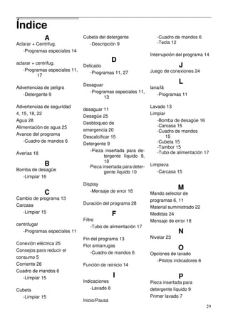 29
A
Aclarar + Centrifug.
-Programas especiales 14
aclarar + centrifug.
-Programas especiales 11,
17
Advertencias de peligro
-Detergente 9
Advertencias de seguridad
4, 15, 18, 22
Agua 28
Alimentación de agua 25
Avance del programa
-Cuadro de mandos 6
Averías 18
B
Bomba de desagüe
-Limpiar 16
C
Cambio de programa 13
Carcasa
-Limpiar 15
centrifugar
-Programas especiales 11
Conexión eléctrica 25
Consejos para reducir el
consumo 5
Corriente 28
Cuadro de mandos 6
-Limpiar 15
Cubeta
-Limpiar 15
Cubeta del detergente
-Descripción 9
D
Delicado
-Programas 11, 27
Desaguar
-Programas especiales 11,
13
desaguar 11
Desagüe 25
Desbloqueo de
emergencia 20
Descalcificar 15
Detergente 9
-Pieza insertada para de-
tergente líquido 9,
10
Pieza insertada para deter-
gente líquido 10
Display
-Mensaje de error 18
Duración del programa 28
F
Filtro
-Tubo de alimentación 17
Fin del programa 13
Flot antiarrugas
-Cuadro de mandos 6
Función de reinicio 14
I
Indicaciones
-Lavado 8
Inicio/Pausa
-Cuadro de mandos 6
-Tecla 12
Interrupción del programa 14
J
Juego de conexiones 24
L
lana/lã
-Programas 11
Lavado 13
Limpiar
-Bomba de desagüe 16
-Carcasa 15
-Cuadro de mandos
15
-Cubeta 15
-Tambor 15
-Tubo de alimentación 17
Limpieza
-Carcasa 15
M
Mando selector de
programas 6, 11
Material suministrado 22
Medidas 24
Mensaje de error 18
N
Nivelar 23
O
Opciones de lavado
-Pilotos indicadores 6
P
Pieza insertada para
detergente líquido 9
Primer lavado 7
Índice
 
