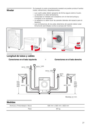 27
Nivelar
Si el aparato no está correctamente nivelado se pueden producir fuertes
ruidos, vibraciones y desplazamientos.
– Las cuatro patas deben apoyarse de forma segura sobre el suelo.
– La lavadora no debe tambalearse.
– Comprobar el nivelado de la lavadora con el nivel de burbuja y
corregirlo si es necesario.
– La lavadora no debe tocar las paredes laterales del espacio para la
lavadora.
– Las contratuercas de las patas delanteras del aparato deben estar
firmemente atornilladas contra la carcasa del mismo.
.
Longitud de tubos y cables
Conexiones en el lado izquierdo o Conexiones en el lado derecho
Medidas
Anchura x Profundidad x Altura 595 mm x 584 mm x 820 mm
Peso 85 kg
Medidas en mm
mín.
500
máx.
900
mín.
500
máx.
900
aprox. 1400
aprox. 1400
aprox. 1350
aprox. 950
aprox. 1000
aprox.
760
 