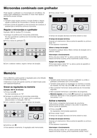 23
Microondas combinado com grelhador
Pode regular o grelhador e o microondas em simultâneo. Os
pratos ficam estaladiços e dourados. É muito mais rápido e
permite-lhe poupar energia.
Notas
■ Também pode regular primeiro a função Grelhar e depois
regular a potência de microondas e o tempo de duração.
■ Se abrir a porta do aparelho a meio do tempo de cozedura, é
possível que a ventoinha continue a funcionar.
Regular o microondas e o grelhador
Exemplo: 360 W, Grelhar %, 5 minutos.
1. Carregue na potência de microondas pretendida.
No visor acende-se a potência de microondas regulada e
surge 1:00 min.
2. Prima a tecla do grelhador %.
3. Com o selector rotativo, regule o tempo de duração.
4. Prima a tecla “inicio”.
O tempo de duração decresce de forma visível no visor.
O tempo de duração terminou
Ouve-se um sinal sonoro. Abra a porta do aparelho ou prima a
tecla “fin”.
A hora aparece novamente.
Alterar o tempo de duração
É possível a qualquer altura. Altere o tempo de duração com o
selector rotativo.
Interromper o funcionamento
Prima uma vez a tecla “fin” ou abra a porta do aparelho.
Depois de fechar a porta, prima novamente a tecla “inicio”.
Apagar uma regulação
Prima duas vezes a tecla “fin” ou abra a porta do aparelho e
prima a tecla “fin” uma vez.
Memória
Com a Memória, pode guardar a regulação para uma refeição
e reutilizá-la a qualquer momento.
A Memória é muito útil quando cozinha um determinado prato
com especial frequência.
Gravar as regulações na memória
Exemplo: 360 W, 25 minutos
1. Prima a tecla i.
No visor acende-se um “M”.
2. Carregue na potência de microondas pretendida.
No visor acende-se um “M”, assim como a potência
seleccionada e a indicação 1:00 min.
3. Com o selector rotativo, regule o tempo de duração.
4. Confirme com i.
A hora aparece novamente. A regulação está memorizada.
Notas
■ Também pode memorizar apenas o grelhador ou então o
grelhador combinado com o microondas.
■ Também pode gravar as regulações na memória e iniciá-la
de imediato. No final, não prima i, mas sim a tecla “inicio”.
■ Não é possível memorizar várias potências de microondas
seguidas.
■ Não é possível memorizar o automático de programas.
■ Memória reposta: prima a tecla i. Aparecem as regulações
anteriores. Memorize o novo programa conforme descrito
nos pontos 1 a 4.
Activar a memória
Pode iniciar o programa memorizado de uma forma
extremamente simples. Coloque o seu prato no aparelho.
Feche a porta do aparelho.
1. Prima a tecla i.
As regulações memorizadas aparecem.
2. Prima a tecla “inicio”.
O tempo de duração decresce de forma visível no visor.
O tempo de duração terminou
Ouve-se um sinal sonoro. Abra a porta do aparelho ou prima a
tecla “fin”.
A hora aparece novamente.
Interromper o funcionamento
Prima uma vez a tecla “fin” ou abra a porta do aparelho.
Depois de fechar a porta, prima novamente a tecla “inicio”.
 