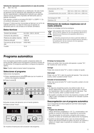 11
Solicitud de reparación y asesoramiento en caso de averías
Confíe en la profesionalidad de su distribuidor. De este modo
se garantiza que la reparación sea realizada por personal
técnico especializado y debidamente instruido que, además,
dispone de los repuestos originales del fabricante para su
aparato doméstico.
Este aparato cumple la normativa EN 55011 o CISPR 11. Es
un producto del grupo 2, clase B.
El grupo 2 indica que los microondas se fabrican con el fin de
calentar alimentos. La clase B indica que el aparato es
apropiado para su uso privado en el ámbito doméstico.
Datos técnicos
Eliminación de residuos respetuosa con el
medio ambiente
Eliminar el embalaje de forma ecológica.
Programa automático
Con el programa automático pueden prepararse platos de
forma sencilla. Seleccionar el programa e introducir el peso de
los alimentos. El programa automático configura el programa
óptimo.
Nota: Pueden seleccionarse hasta 8 programas.
Seleccionar el programa
Seleccionar el programa
1. Pulsar repetidamente la tecla = hasta que se muestre el
número de programa deseado.
2. Pulsar la tecla A.
3. Ajustar el peso del alimento con el mando giratorio.
4. Pulsar la tecla inicio.
Se muestra el transcurso de la duración del programa.
El tiempo ha transcurrido
Suena una señal. Abrir la puerta del aparato o pulsar fin.
Se muestra de nuevo la hora.
Corregir
Pulsar dos veces la tecla fin y volver a realizar el ajuste.
Interrumpir
Pulsar una vez fin o abrir la puerta del aparato. Tras cerrar la
puerta, volver a pulsar la tecla inicio.
Cancelar el funcionamiento
Pulsar dos veces la tecla fin o abrir la puerta y pulsar una vez
la tecla fin.
Notas
■ En algunos programas suena una señal al cabo de un
tiempo determinado. Abrir la puerta del aparato y remover
los ingredientes o dar la vuelta a la carne o las aves. Tras
cerrar la puerta, volver a pulsar la tecla inicio.
■ Se pueden consultar el número de programa y el peso con g
o h. El valor consultado se muestra en el indicador durante
3 segundos.
Descongelación con el programa automático
Los 4 programas de descongelación permiten descongelar
carne, aves y pan.
Notas
■ Preparar los alimentos
Utilizar alimentos congelados a -18 °C y conservados a ser
posible en posición horizontal y repartidos en porciones.
Para descongelar los alimentos, extraerlos del envase y
pesarlos. El peso se necesita para seleccionar el programa.
■ Cuando se descongela carne y ave se produce líquido.
Retirar este líquido al darle la vuelta a la carne. No volverlo a
utilizar en ningún caso ni ponerlo en contacto con otros
alimentos.
E 902 145 150
Tensión de entrada CA 220 - 230 V, 50 HZ
Consumo de potencia 1450 W
Potencia de salida máxima 900 W
Potencia del grill 1200 W
Frecuencia de las microon-
das
2450 MHz
Fusible 10 A
Dimensiones (Al×L×An)
Aparato 382 mm x 594 mm x 388 mm
Compartimento de cocción 208 mm x 328 mm x 369 mm
Homologación VDE sí
Distintivo CE sí
Este aparato está marcado con la Directiva europea
2012/19/CE relativa al uso de aparatos eléctricos y
electrónicos (Residuos de aparatos eléctricos y
electrónicos).
La directiva proporciona el marco general válido en
todo el ámbito de la Unión Europea para la retirada y
la reutilización de los residuos de los aparatos
eléctricos y electrónicos.
 
    

    

 
PLQPLQ
ILQLQLFLR
NJ
PLQ
ILQLQLFLR
NJ NJ
 