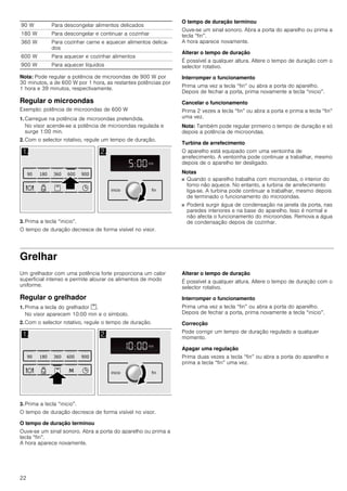 22
Nota: Pode regular a potência de microondas de 900 W por
30 minutos, a de 600 W por 1 hora, as restantes potências por
1 hora e 39 minutos, respectivamente.
Regular o microondas
Exemplo: potência de microondas de 600 W
1. Carregue na potência de microondas pretendida.
No visor acende-se a potência de microondas regulada e
surge 1:00 min.
2. Com o selector rotativo, regule um tempo de duração.
3. Prima a tecla “inicio”.
O tempo de duração decresce de forma visível no visor.
O tempo de duração terminou
Ouve-se um sinal sonoro. Abra a porta do aparelho ou prima a
tecla “fin”.
A hora aparece novamente.
Alterar o tempo de duração
É possível a qualquer altura. Altere o tempo de duração com o
selector rotativo.
Interromper o funcionamento
Prima uma vez a tecla “fin” ou abra a porta do aparelho.
Depois de fechar a porta, prima novamente a tecla “inicio”.
Cancelar o funcionamento
Prima 2 vezes a tecla “fin” ou abra a porta e prima a tecla “fin”
uma vez.
Nota: Também pode regular primeiro o tempo de duração e só
depois a potência de microondas.
Turbina de arrefecimento
O aparelho está equipado com uma ventoinha de
arrefecimento. A ventoinha pode continuar a trabalhar, mesmo
depois de o aparelho ter desligado.
Notas
■ Quando o aparelho trabalha com microondas, o interior do
forno não aquece. No entanto, a turbina de arrefecimento
liga-se. A turbina pode continuar a trabalhar, mesmo depois
de terminado o funcionamento do microondas.
■ Poderá surgir água de condensação na janela da porta, nas
paredes interiores e na base do aparelho. Isso é normal e
não afecta o funcionamento do microondas. Remova a água
de condensação depois de cozinhar.
Grelhar
Um grelhador com uma potência forte proporciona um calor
superficial intenso e permite alourar os alimentos de modo
uniforme.
Regular o grelhador
1. Prima a tecla do grelhador %.
No visor aparecem 10:00 min e o símbolo.
2. Com o selector rotativo, regule o tempo de duração.
3. Prima a tecla “inicio”.
O tempo de duração decresce de forma visível no visor.
O tempo de duração terminou
Ouve-se um sinal sonoro. Abra a porta do aparelho ou prima a
tecla “fin”.
A hora aparece novamente.
Alterar o tempo de duração
É possível a qualquer altura. Altere o tempo de duração com o
selector rotativo.
Interromper o funcionamento
Prima uma vez a tecla “fin” ou abra a porta do aparelho.
Depois de fechar a porta, prima novamente a tecla “inicio”.
Correcção
Pode corrigir um tempo de duração regulado a qualquer
momento.
Apagar uma regulação
Prima duas vezes a tecla “fin” ou abra a porta do aparelho e
prima a tecla “fin” uma vez.
90 W Para descongelar alimentos delicados
180 W Para descongelar e continuar a cozinhar
360 W Para cozinhar carne e aquecer alimentos delica-
dos
600 W Para aquecer e cozinhar alimentos
900 W Para aquecer líquidos
 
PLQ
NJ
PLQ
    
 ILQLQLFLR
 
PLQ
NJ
PLQ
    
 ILQLQLFLR
 