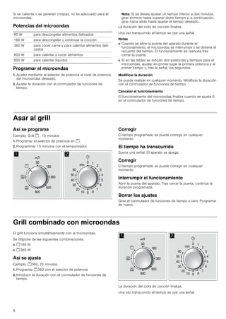 8
Si se calienta o se generan chispas, no es adecuado para el
microondas.
Potencias del microondas
Programar el microondas
1. Ajustar mediante el selector de potencia el nivel de potencia
del microondas deseado.
2. Ajustar la duración con el conmutador de funciones de
tiempo.
Nota: Si se desea ajustar un tiempo inferior a dos minutos,
girar primero hasta superar dicho tiempo y, a continuación,
girar hacia atrás hasta ajustar el tiempo deseado.
La duración del ciclo de cocción finaliza.
Una vez transcurrido el tiempo se oye una señal.
Notas
■ Cuando se abre la puerta del aparato durante el
funcionamiento, el microondas se interrumpe y se detiene el
recuento del tiempo. El funcionamiento se reanuda tras
cerrar la puerta.
■ Si en las tablas se indican dos potencias y tiempos para el
microondas, ajustar en primer lugar la primera potencia y el
primer tiempo y, tras la señal, los segundos.
Modificar la duración
Se puede realizar en cualquier momento. Modificar la duración
con el conmutador de funciones de tiempo.
Cancelar el funcionamiento
El funcionamiento del microondas finaliza cuando se ajusta 0
en el conmutador de funciones de tiempo.
Asar al grill
Así se programa
Ejemplo: Grill ( , 15 minutos
1. Programar el selector de potencia en (.
2. Programmar 15 minutos con el temporizador.
Corregir
El tiempo programado se puede corregir en cualquier
momento.
El tiempo ha transcurrido
Suena una señal. El aparato se apaga.
Corregir
El tiempo programado se puede corregir en cualquier
momento.
Interrumpir el funcionamiento
Abrir la puerta del aparato. Tras cerrar la puerta, continúa la
duración programada.
Borrar los ajustes
Girar el conmutador de funciones de tiempo a cero. Programar
de nuevo.
Grill combinado con microondas
El grill funciona simultáneamente con el microondas.
Se dispone de las siguientes combinaciones:
■ (180 W
■ (360 W
Así se ajusta
Ejemplo: (360, 25 minutos.
1. Programar (360 con el selector de potencia
2. Introducir la duración con el conmutador de funciones de
tiempo.
La duración del ciclo de cocción finaliza.
Una vez transcurrido el tiempo se oye una señal.
90 W para descongelar alimentos delicados
180 W para descongelar y continuar la cocción
360 W para cocer carne y para calentar alimentos deli-
cados
600 W para calentar y cocer alimentos
800 W para calentar líquidos
 








 












PLQ

 








 












PLQ

 