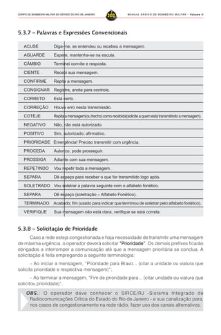 MANUAL BÁSICO DE BOMBEIRO MILITAR – VVVVVolume IIolume IIolume IIolume IIolume II
202CORPO DE BOMBEIRO MILITAR DO ESTADO DO RIO DE JANEIRO
5.3.7 – Palavras e Expressões Convencionais
ACUSE Diga-me, se entendeu ou recebeu a mensagem.
AGUARDE Espere, mantenha-se na escuta.
CÂMBIO Terminei convite e resposta.
CIENTE Recebi sua mensagem.
CONFIRME Repita a mensagem.
CONSIGNAR Registre, anote para controle.
CORRETO Está certo.
CORREÇÃO Houve erro nesta transmissão.
COTEJE Repitaamensagem(outrecho)comorecebida(soliciteaquemestátransmitindoamensagem).
NEGATIVO Não, não está autorizado.
POSITIVO Sim, autorizado; afirmativo.
PRIORIDADE Emergência! Preciso transmitir com urgência.
PROCEDA Autorizo, pode prosseguir.
PROSSIGA Adiante com sua mensagem.
REPETINDO Vou repetir toda a mensagem.
SEPARA Dê espaço para receber o que for transmitido logo após.
SOLETRADO Vou soletrar a palavra seguinte com o alfabeto fonético.
SEPARA Dê espaço (soletração – Alfabeto Fonético).
TERMINADO Acabado; fim (usado para indicar que terminou de soletrar pelo alfabeto fonético).
VERIFIQUE Sua mensagem não está clara, verifique se está correta.
5.3.8 – Solicitação de Prioridade
Caso a rede esteja congestionada e haja necessidade de transmitir uma mensagem
de máxima urgência, o operador deverá solicitar “Prioridade”“Prioridade”“Prioridade”“Prioridade”“Prioridade”. Os demais prefixos ficarão
obrigados a interromper a comunicação até que a mensagem prioritária se conclua. A
solicitação é feita empregando a seguinte terminologia:
– Ao iniciar a mensagem, “Prioridade para Bravo... (citar a unidade ou viatura que
solicita prioridade e respectiva mensagem)”;
– Ao terminar a mensagem, “Fim de prioridade para... (citar unidade ou viatura que
solicitou prioridade)”.
OBS.: O operador deve conhecer o SIRCE/RJ -Sistema Integrado de
Radiocomunicações Crítica do Estado do Rio de Janeiro - e sua canalização para,
nos casos de congestionamento na rede rádio, fazer uso dos canais alternativos.
 