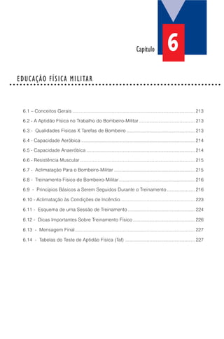 6.1 – Conceitos Gerais ................................................................................................. 213
6.2 - A Aptidão Física no Trabalho do Bombeiro-Militar ............................................ 213
6.3 - Qualidades Físicas X Tarefas de Bombeiro ...................................................... 213
6.4 - Capacidade Aeróbica .......................................................................................... 214
6.5 - Capacidade Anaeróbica ...................................................................................... 214
6.6 - Resistência Muscular ........................................................................................... 215
6.7 - Aclimatação Para o Bombeiro-Militar ................................................................ 215
6.8 - Treinamento Físico de Bombeiro-Militar ............................................................ 216
6.9 - Princípios Básicos a Serem Seguidos Durante o Treinamento ...................... 216
6.10 - Aclimatação às Condições de Incêndio........................................................... 223
6.11 - Esquema de uma Sessão de Treinamento ..................................................... 224
6.12 - Dicas Importantes Sobre Treinamento Físico ................................................. 226
6.13 - Mensagem Final............................................................................................... 227
6.14 - Tabelas do Teste de Aptidão Física (Taf) ....................................................... 227
EDUCAÇÃO FÍSICA MILITAR○ ○ ○ ○ ○ ○ ○ ○ ○ ○ ○ ○ ○ ○ ○ ○ ○ ○ ○ ○ ○ ○ ○ ○ ○ ○ ○ ○ ○ ○ ○ ○ ○ ○ ○ ○ ○ ○ ○ ○ ○ ○ ○ ○ ○ ○ ○ ○ ○ ○ ○ ○ ○ ○ ○ ○ ○ ○ ○ ○ ○ ○
6Capítulo
 