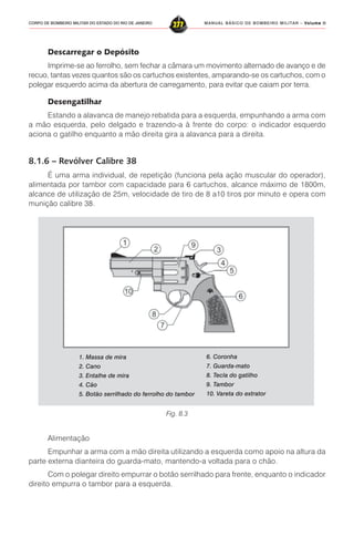 MANUAL BÁSICO DE BOMBEIRO MILITAR – VVVVVolume IIolume IIolume IIolume IIolume II
277CORPO DE BOMBEIRO MILITAR DO ESTADO DO RIO DE JANEIRO
Descarregar o Depósito
Imprime-se ao ferrolho, sem fechar a câmara um movimento alternado de avanço e de
recuo, tantas vezes quantos são os cartuchos existentes, amparando-se os cartuchos, com o
polegar esquerdo acima da abertura de carregamento, para evitar que caiam por terra.
Desengatilhar
Estando a alavanca de manejo rebatida para a esquerda, empunhando a arma com
a mão esquerda, pelo delgado e trazendo-a à frente do corpo: o indicador esquerdo
aciona o gatilho enquanto a mão direita gira a alavanca para a direita.
8.1.6 – Revólver Calibre 38
É uma arma individual, de repetição (funciona pela ação muscular do operador),
alimentada por tambor com capacidade para 6 cartuchos, alcance máximo de 1800m,
alcance de utilização de 25m, velocidade de tiro de 8 a10 tiros por minuto e opera com
munição calibre 38.
Fig. 8.3
6. Coronha
7. Guarda-mato
8. Tecla do gatilho
9. Tambor
10. Vareta do extrator
1. Massa de mira
2. Cano
3. Entalhe de mira
4. Cão
5. Botão serrilhado do ferrolho do tambor
Alimentação
Empunhar a arma com a mão direita utilizando a esquerda como apoio na altura da
parte externa dianteira do guarda-mato, mantendo-a voltada para o chão.
Com o polegar direito empurrar o botão serrilhado para frente, enquanto o indicador
direito empurra o tambor para a esquerda.
 
