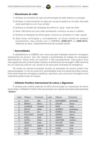 MANUAL BÁSICO DE BOMBEIRO MILITAR – VVVVVolume IIolume IIolume IIolume IIolume II
197CORPO DE BOMBEIRO MILITAR DO ESTADO DO RIO DE JANEIRO
• Manutenção do rádio
1) Verifique as conexões do cabo de alimentação do rádio (bateria ou energia);
2) Verifique o fusível existente no cabo que vai para a bateria ou no rádio. Ele pode
estar queimado ou com mau contato;
3) Verifique a conexão da instalação da antena no “plug”, atrás do rádio;
4) Teste o Microfone de outro rádio semelhante e verifique se este é o defeito;
5) Verifique a instalação da antena geral, inclusive as conexões e o cabo coaxial;
6) Após essas verificações e, principalmente, se houver dúvida em qualquer
procedimento, faça contato com o CSM/Mtel (3399-4271 ou 3399-4274),
relatando os fatos, independentemente do resultado obtido.
• Generalidades
A radiotelefonia no CBMERJ tem como principal finalidade transmitir mensagens
operacionais de socorro. Isso não impede a possibilidade de tráfego de mensagens
administrativa. Pense antes de transmitir e fale pausadamente, esta prática evita
interrupções durante a transmissão e facilita o entendimento da mensagem. NÃO transmita
em um canal que está em uso, exceto se for para pedir prioridade de emergência.
Os canais de radiocomunicações durante as operações de socorro podem ficar
sobrecarregados. O uso do canal com racionalidade evita uma perda de tempo valiosa.
Evite transmissão de mensagens supérfluas, seja breve, pois uma outra mensagem muito
importante poderá estar em espera.
• Alfabeto Fonético Internacional de Letras e Algarismos
É utilizado para soletrar palavras de difícil pronunciação ou impossíveis de serem
transmitidas. O Alfabeto Fonético Internacional deve ser utilizado precedido pela expressão
“Soletro”.
A ALFA Alfa N NOVEMBER Novémber
B BRAVO Bravo O OSCAR Óscar
C CHARLIE Tchárlie P PAPA Papá
D DELTA Délta Q QUEBEC Quebeque
E ECHO Éco R ROMEU Rômeo
F FOX-TROT Foxtrót S SIERRA Siérra
G GOLF Golfi T TANGO Tango
H HOTEL Rôtel U UNIFORM Iúniform
I INDIA Índia V VICTOR Victor
J JULIETE Dgiuliét W WHISKEY Uiski
K KILO Quilo X X-RAY Xirai
L LIMA Lima Y YANKEE Ianki
M MIKE Maique Z ZULU Zúlu
Letra Palavra Pronúncia Letra Palavra Pronúncia
 