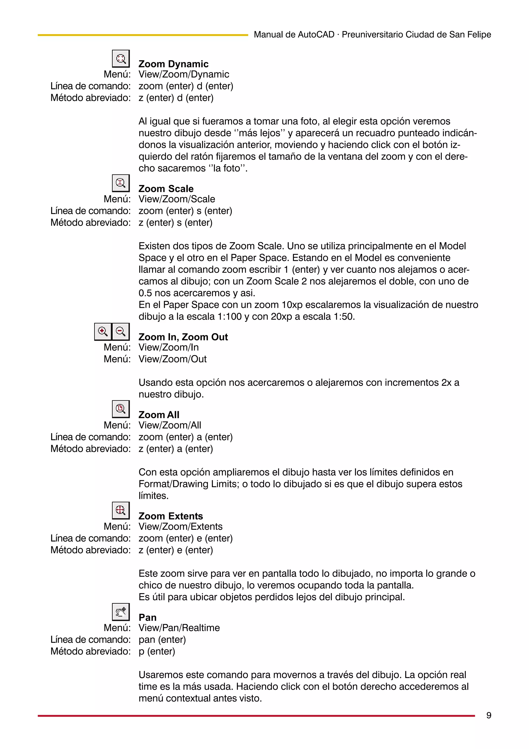 9
Manual de AutoCAD · Preuniversitario Ciudad de San Felipe
Zoom Dynamic
View/Zoom/Dynamic
zoom (enter) d (enter)
z (enter) d (enter)
Al igual que si fueramos a tomar una foto, al elegir esta opción veremos
nuestro dibujo desde ‘’más lejos’’ y aparecerá un recuadro punteado indicán-
donos la visualización anterior, moviendo y haciendo click con el botón iz-
quierdo del ratón fijaremos el tamaño de la ventana del zoom y con el dere-
cho sacaremos ‘’la foto’’.
Zoom Scale
View/Zoom/Scale
zoom (enter) s (enter)
z (enter) s (enter)
Existen dos tipos de Zoom Scale. Uno se utiliza principalmente en el Model
Space y el otro en el Paper Space. Estando en el Model es conveniente
llamar al comando zoom escribir 1 (enter) y ver cuanto nos alejamos o acer-
camos al dibujo; con un Zoom Scale 2 nos alejaremos el doble, con uno de
0.5 nos acercaremos y asi.
En el Paper Space con un zoom 10xp escalaremos la visualización de nuestro
dibujo a la escala 1:100 y con 20xp a escala 1:50.
Zoom In, Zoom Out
View/Zoom/In
View/Zoom/Out
Usando esta opción nos acercaremos o alejaremos con incrementos 2x a
nuestro dibujo.
Zoom All
View/Zoom/All
zoom (enter) a (enter)
z (enter) a (enter)
Con esta opción ampliaremos el dibujo hasta ver los límites definidos en
Format/Drawing Limits; o todo lo dibujado si es que el dibujo supera estos
límites.
Zoom Extents
View/Zoom/Extents
zoom (enter) e (enter)
z (enter) e (enter)
Este zoom sirve para ver en pantalla todo lo dibujado, no importa lo grande o
chico de nuestro dibujo, lo veremos ocupando toda la pantalla.
Es útil para ubicar objetos perdidos lejos del dibujo principal.
Pan
View/Pan/Realtime
pan (enter)
p (enter)
Usaremos este comando para movernos a través del dibujo. La opción real
time es la más usada. Haciendo click con el botón derecho accederemos al
menú contextual antes visto.
Menú:
Línea de comando:
Método abreviado:
Menú:
Línea de comando:
Método abreviado:
Menú:
Línea de comando:
Método abreviado:
Menú:
Menú:
Menú:
Línea de comando:
Método abreviado:
Menú:
Línea de comando:
Método abreviado:
 