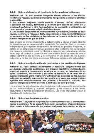 9
2.1.2.   Sobre el derecho al territorio de los pueblos indígenas
Artículo 26. “1. Los pueblos indígenas tienen derecho a las tierras,
territorios y recursos que tradicionalmente han poseído, ocupado o utilizado
o adquirido.
2. Los pueblos indígenas tienen derecho a poseer, utilizar, desarrollar
y controlar las tierras, territorios y recursos que poseen en razón de la
propiedad tradicional u otro tipo tradicional de ocupación o utilización, así
como aquellos que hayan adquirido de otra forma.
3. Los Estados asegurarán el reconocimiento y protección jurídicos de esas
tierras, territorios y recursos. Dicho reconocimiento respetará debidamente
las costumbres, las tradiciones y los sistemas de tenencia de la tierra de los
pueblos indígenas de que se trate.”
Este artículo es el más importante y determinante y el que articula al resto
de derechos que se expresan a los largo de la Declaración. Si el territorio es
indispensable para ejercer el derecho a la vida de los pueblos indígenas, el
Estado ni las empresas extractivas pueden quitar los territorios que poseen
por herencia milenaria; esos territorios o espacios de vida además deben
estar bajo el control y conservación comunitaria. Pero se necesita que el
Estado garantice ese derecho y se convierta en un aliado de los pueblos
indígenas y no los vea como enemigos, tal como sucede en la actualidad.

2.1.3.   Sobre la adjudicación de territorios a los pueblos indígenas
Artículo 27. “Los Estados establecerán y aplicarán, conjuntamente con
los pueblos indígenas pertinentes, un proceso equitativo, independiente,
imparcial, abierto y transparente, en el que se reconozcan debidamente las
leyes, tradiciones, costumbres y sistemas de tenencia de la tierra de los
pueblos indígenas, para reconocer y adjudicar los derechos de los pueblos
indígenas en relación con sus tierras, territorios y recursos, comprendidos
aquellos que tradicionalmente han poseído u ocupado o utilizado. Los
pueblos indígenas tendrán derecho a participar en este proceso.”
Los procesos de adjudicaciones territoriales se realizarán con la participación
de las nacionalidades y pueblos indígenas y de acuerdo a las leyes,
costumbres y formad de posesión ancestral. Las leyes impuestas violan el
derecho a la participación.

2.1.4.   Sobre los desplazamientos
Artículo 10. “Los pueblos indígenas no serán desplazados por la fuerza de sus
tierras o territorios. No se procederá a ningún traslado sin el consentimiento
libre, previo e informado de los pueblos indígenas interesados, ni sin un
 
