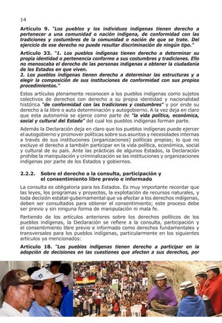 14
Artículo 9. “Los pueblos y los individuos indígenas tienen derecho a
pertenecer a una comunidad o nación indígena, de conformidad con las
tradiciones y costumbres de la comunidad o nación de que se trate. Del
ejercicio de ese derecho no puede resultar discriminación de ningún tipo.”
Artículo 33. “1. Los pueblos indígenas tienen derecho a determinar su
propia identidad o pertenencia conforme a sus costumbres y tradiciones. Ello
no menoscaba el derecho de las personas indígenas a obtener la ciudadanía
de los Estados en que viven.
2. Los pueblos indígenas tienen derecho a determinar las estructuras y a
elegir la composición de sus instituciones de conformidad con sus propios
procedimientos.”
Estos artículos plenamente reconocen a los pueblos indígenas como sujetos
colectivos de derechos con derecho a su propia identidad y nacionalidad
histórica “de conformidad con las tradiciones y costumbres” y por ende su
derecho a la libre o auto determinación y autogobierno. A la vez deja en claro
que esta autonomía se ejerce como parte de “la vida política, económica,
social y cultural del Estado” del cual los pueblos indígenas forman parte.
Además la Declaración deja en claro que los pueblos indígenas puede ejercer
el autogobierno y promover políticas sobre sus asuntos y necesidades internas
a través de sus instituciones (organizaciones) políticas propias; lo que no
excluye el derecho a también participar en la vida política, económica, social
y cultural de su país. Ante las prácticas de algunos Estados, la Declaración
prohíbe la manipulación y criminalización se las instituciones y organizaciones
indígenas por parte de los Estados y gobiernos.

2.2.2.   Sobre el derecho a la consulta, participación y
         el consentimiento libre previo e informado
La consulta es obligatoria para los Estados. Es muy importante recordar que
las leyes, los programas y proyectos, la explotación de recursos naturales, y
toda decisión estatal-gubernamental que va afectar a los derechos indígenas,
deben ser consultados para obtener el consentimiento; este proceso debe
ser previo y sin ninguna forma de manipulación ni mala fe.
Partiendo de los artículos anteriores sobre los derechos políticos de los
pueblos indígenas, la Declaración se refiere a la consulta, participación y
el consentimiento libre previo e informado como derechos fundamentales y
transversales para los pueblos indígenas, particularmente en los siguientes
artículos ya mencionados:
Artículo 18. “Los pueblos indígenas tienen derecho a participar en la
adopción de decisiones en las cuestiones que afecten a sus derechos, por
 