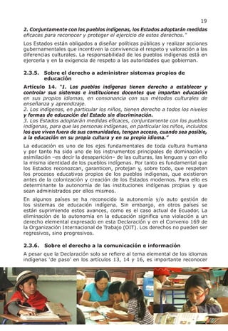 19
2. Conjuntamente con los pueblos indígenas, los Estados adoptarán medidas
eficaces para reconocer y proteger el ejercicio de estos derechos.”
Los Estados están obligados a diseñar políticas públicas y realizar acciones
gubernamentales que incentiven la convivencia el respeto y valoración a las
diferencias culturales. La responsabilidad de los pueblos indígenas está en
ejercerla y en la exigencia de respeto a las autoridades que gobiernan.

2.3.5. Sobre el derecho a administrar sistemas propios de
       educación
Artículo 14. “1. Los pueblos indígenas tienen derecho a establecer y
controlar sus sistemas e instituciones docentes que impartan educación
en sus propios idiomas, en consonancia con sus métodos culturales de
enseñanza y aprendizaje.
2. Los indígenas, en particular los niños, tienen derecho a todos los niveles
y formas de educación del Estado sin discriminación.
3. Los Estados adoptarán medidas eficaces, conjuntamente con los pueblos
indígenas, para que las personas indígenas, en particular los niños, incluidos
los que viven fuera de sus comunidades, tengan acceso, cuando sea posible,
a la educación en su propia cultura y en su propio idioma.”
La educación es uno de los ejes fundamentales de toda cultura humana
y por tanto ha sido uno de los instrumentos principales de dominación y
asimilación –es decir la desaparición– de las culturas, las lenguas y con ello
la misma identidad de los pueblos indígenas. Por tanto es fundamental que
los Estados reconozcan, garanticen, protejan y, sobre todo, que respeten
los procesos educativos propios de los pueblos indígenas, que existieron
antes de la colonización y creación de los Estados modernos. Para ello es
determinante la autonomía de las instituciones indígenas propias y que
sean administrados por ellos mismos.
En algunos países se ha reconocido la autonomía y/o auto gestión de
los sistemas de educación indígena. Sin embargo, en otros países se
están suprimiendo estos avances, como es el caso actual de Ecuador. La
eliminación de la autonomía en la educación significa una violación a un
derecho elemental expresado en esta Declaración y en el Convenio 169 de
la Organización Internacional de Trabajo (OIT). Los derechos no pueden ser
regresivos, sino progresivos.

2.3.6.   Sobre el derecho a la comunicación e información
A pesar que la Declaración solo se refiere al tema elemental de los idiomas
indígenas ‘de paso’ en los artículos 13, 14 y 16, es importante reconocer
 