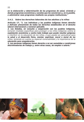 22
en la elaboración y determinación de los programas de salud, vivienda y
demás programas económicos y sociales que les conciernan y, en lo posible,
a administrar esos programas mediante sus propias instituciones.”

2.4.2.   Sobre los derechos laborales de los adultos y la niñez
Artículo 17. “1. Los individuos y los pueblos indígenas tienen derecho
a disfrutar plenamente de todos los derechos establecidos en el derecho
laboral internacional y nacional aplicable.
2. Los Estados, en consulta y cooperación con los pueblos indígenas,
tomarán medidas específicas para proteger a los niños indígenas contra la
explotación económica y contra todo trabajo que pueda resultar peligroso
o interferir en la educación de los niños, o que pueda ser perjudicial para
la salud o el desarrollo físico, mental, espiritual, moral o social de los
niños, teniendo en cuenta su especial vulnerabilidad y la importancia de la
educación para empoderarlos.
3. Las personas indígenas tienen derecho a no ser sometidas a condiciones
discriminatorias de trabajo y, entre otras cosas, de empleo o salario.”
 