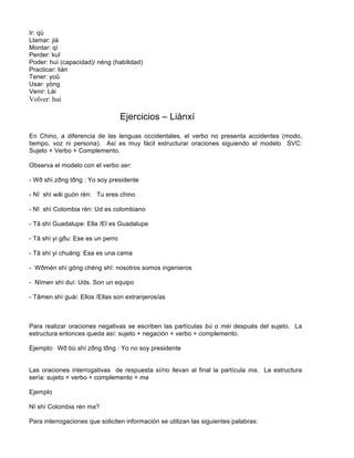 Ir: qù
Llamar: jià
Montar: qí
Perder: kuī
Poder: huì (capacidad)/ néng (habilidad)
Practicar: liàn
Tener: yoŭ
Usar: yòng
Venir: Lái
Volver: huí
Ejercicios – Liànxí
En Chino, a diferencia de las lenguas occidentales, el verbo no presenta accidentes (modo,
tiempo, voz ni persona). Así es muy fácil estructurar oraciones siguiendo el modelo SVC:
Sujeto + Verbo + Complemento.
Observa el modelo con el verbo ser:
- Wð shì zðng tðng : Yo soy presidente
- Nĭ shì wāi guón rén: Tu eres chino
- Nĭ shì Colombia rén: Ud es colombiano
- Tā shì Guadalupe: Ella /El es Guadalupe
- Tā shì yi gðu: Ese es un perro
- Tā shì yi chuáng: Esa es una cama
- Wðmén shì gōng chéng shī: nosotros somos ingenieros
- Nĭmen shì duì: Uds. Son un equipo
- Tāmen shì guài: Ellos /Ellas son extranjeros/as
Para realizar oraciones negativas se escriben las partículas bù o méi después del sujeto. La
estructura entonces queda así: sujeto + negación + verbo + complemento.
Ejemplo: Wð bù shì zðng tðng : Yo no soy presidente
Las oraciones interrogativas de respuesta sí/no llevan al final la partícula ma. La estructura
sería: sujeto + verbo + complemento + ma
Ejemplo
Nĭ shì Colombia rén ma?
Para interrogaciones que soliciten información se utilizan las siguientes palabras:
 