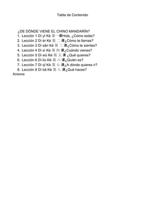 Tabla de Contenido
¿DE DÓNDE VIENE EL CHINO MANDARÍN?
1. Lección 1 Dì yī Kè 第一课Hola, ¿Cómo estás?
2. Lección 2 Dì èr Kè 第 二 课¿Cómo te llamas?
3. Lección 3 Dì sān Kè 第 三 课¿Cómo te sientes?
4. Lección 4 Dì sì Kè 第 四 课¿Cuándo vienes?
5. Lección 5 Dì wǔ Kè 第 五 课 ¿Qué quieres?
6. Lección 6 Dì liù Kè 第 六 课¿Quién es?
7. Lección 7 Dì qī Kè 第 七 课¿A dónde quieres ir?
8. Lección 8 Dì bā Kè 第 八 课¿Qué haces?
Anexos
 