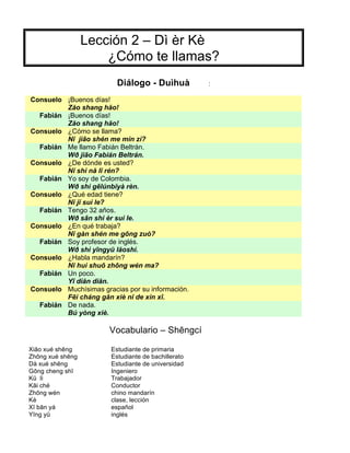 Lección 2 – Dì èr Kè
¿Cómo te llamas?
Diálogo - Duìhuà :
Consuelo ¡Buenos días!
Zăo shang hăo!
Fabián ¡Buenos días!
Zăo shang hăo!
Consuelo ¿Cómo se llama?
Nĭ jiāo shén me mín zì?
Fabián Me llamo Fabián Beltrán.
Wð jiāo Fabián Beltrán.
Consuelo ¿De dónde es usted?
Nĭ shì nă lĭ rén?
Fabián Yo soy de Colombia.
Wð shì gēlúnbĭyà rèn.
Consuelo ¿Qué edad tiene?
Nĭ jĭ suì le?
Fabián Tengo 32 años.
Wð sān shì èr suì le.
Consuelo ¿En qué trabaja?
Nĭ gàn shén me gōng zuò?
Fabián Soy profesor de inglés.
Wð shì yīngyŭ lăoshi.
Consuelo ¿Habla mandarín?
Nĭ huì shuō zhōng wén ma?
Fabián Un poco.
Yī diăn diăn.
Consuelo Muchísimas gracias por su información.
Fēi cháng găn xiè nĭ de xìn xī.
Fabián De nada.
Bú yòng xiè.
Vocabulario – Shēngcí
Xiăo xué shēng Estudiante de primaria
Zhōng xué shēng Estudiante de bachillerato
Dà xué shēng Estudiante de universidad
Gōng cheng shī Ingeniero
Kŭ lì Trabajador
Kāi ché Conductor
Zhōng wén chino mandarín
Kè clase, lección
Xī bān yá español
Yīng yŭ inglés
 