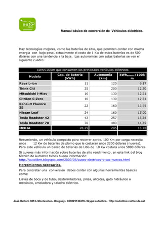 Manual básico de conversión de Vehículos eléctricos.




    Hay tecnologías mejores, como las baterías de Litio, que permiten contar con mucha
    energía con bajo peso, actualmente el costo de 1 Kw de estas baterías es de 500
    dólares con una tendencia a la baja. Las autonomías con estas baterías se ven el
    siguiente cuadro:


                  kWh/100km que consumen los principales vehículos eléctricos
                                 Cap. de Bateria             Autonomía           kWhBatería/100k
           Modelo
                                     (kWh)                     (km)                    m
    Reva L-ion                                        11                  120                   9,17
    Think Citi                                        25                  200                  12,50
    Mitsubishi i-Miev                                 16                  130                  12,31
    Citröen C-Zero                                    16                  130                  12,31
    Renault Fluence
                                                      22                  160                  13,75
    ZE
    Nissan Leaf                                       24                  160                  15,00
    Tesla Roadster 42                                 42                  257                  16,34
    Tesla Roadster 70                                 70                  483                  14,49
    MEDIA                                         28,25                   205                  13,78


    Resumiendo, un vehículo compacto para recorrer aprox. 100 Km por carga necesita
    unos     12 Kw de baterías de plomo que le costaran unos 2200 dólares (nuevas).
    Para este vehículo un banco de baterías de Litio de 10 Kw costara unos 5000 dólares.
    Si quieres más información sobre baterías de alto rendimiento, en este link del blog
    técnico de Autolibre tienes buena información:
    http://autolibre.blogspot.com/2009/06/autos-electricos-y-sus-nuevas.html
    Herramientas necesarias.
    Para concretar una conversión debes contar con algunas herramientas básicas
    como:
    Llaves de boca y de tubo, destornilladores, pinza, alicates, gato hidráulico o
    mecánico, amoladora y taladro eléctrico.




José Belloni 3813- Montevideo- Uruguay- 059825132478- Skype:autolibre- http://autolibre.redtienda.net
 