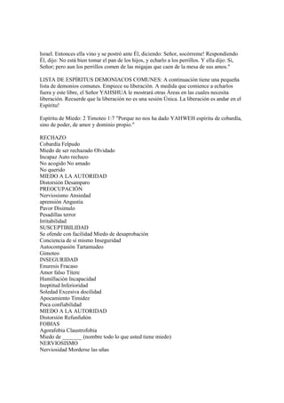 Israel. Entonces ella vino y se postró ante Él, diciendo: Señor, socórreme! Respondiendo
Él, dijo: No está bien tomar el pan de los hijos, y echarlo a los perrillos. Y ella dijo: Si,
Señor; pero aun los perrillos comen de las migajas que caen de la mesa de sus amos."

LISTA DE ESPÍRITUS DEMONIACOS COMUNES: A continuación tiene una pequeña
lista de demonios comunes. Empiece su liberación. A medida que comience a echarlos
fuera y este libre, el Señor YAHSHUA le mostrará otras Áreas en las cuales necesita
liberación. Recuerde que la liberación no es una sesión Única. La liberación es andar en el
Espíritu!

Espíritu de Miedo: 2 Timoteo 1:7 "Porque no nos ha dado YAHWEH espíritu de cobardía,
sino de poder, de amor y dominio propio."

RECHAZO
Cobardía Felpudo
Miedo de ser rechazado Olvidado
Incapaz Auto rechazo
No acogido No amado
No querido
MIEDO A LA AUTORIDAD
Distorsión Desamparo
PREOCUPACIÓN
Nerviosismo Ansiedad
aprensión Angustia
Pavor Disimulo
Pesadillas terror
Irritabilidad
SUSCEPTIBILIDAD
Se ofende con facilidad Miedo de desaprobación
Conciencia de sí mismo Inseguridad
Autocompasión Tartamudeo
Gimoteo
INSEGURIDAD
Enuresis Fracaso
Amor falso Títere
Humillación Incapacidad
Ineptitud Inferioridad
Soledad Excesiva docilidad
Apocamiento Timidez
Poca confiabilidad
MIEDO A LA AUTORIDAD
Distorsión Refunfuñón
FOBIAS
Agorafobia Claustrofobia
Miedo de _______ (nombre todo lo que usted tiene miedo)
NERVIOSISMO
Nerviosidad Morderse las uñas
 